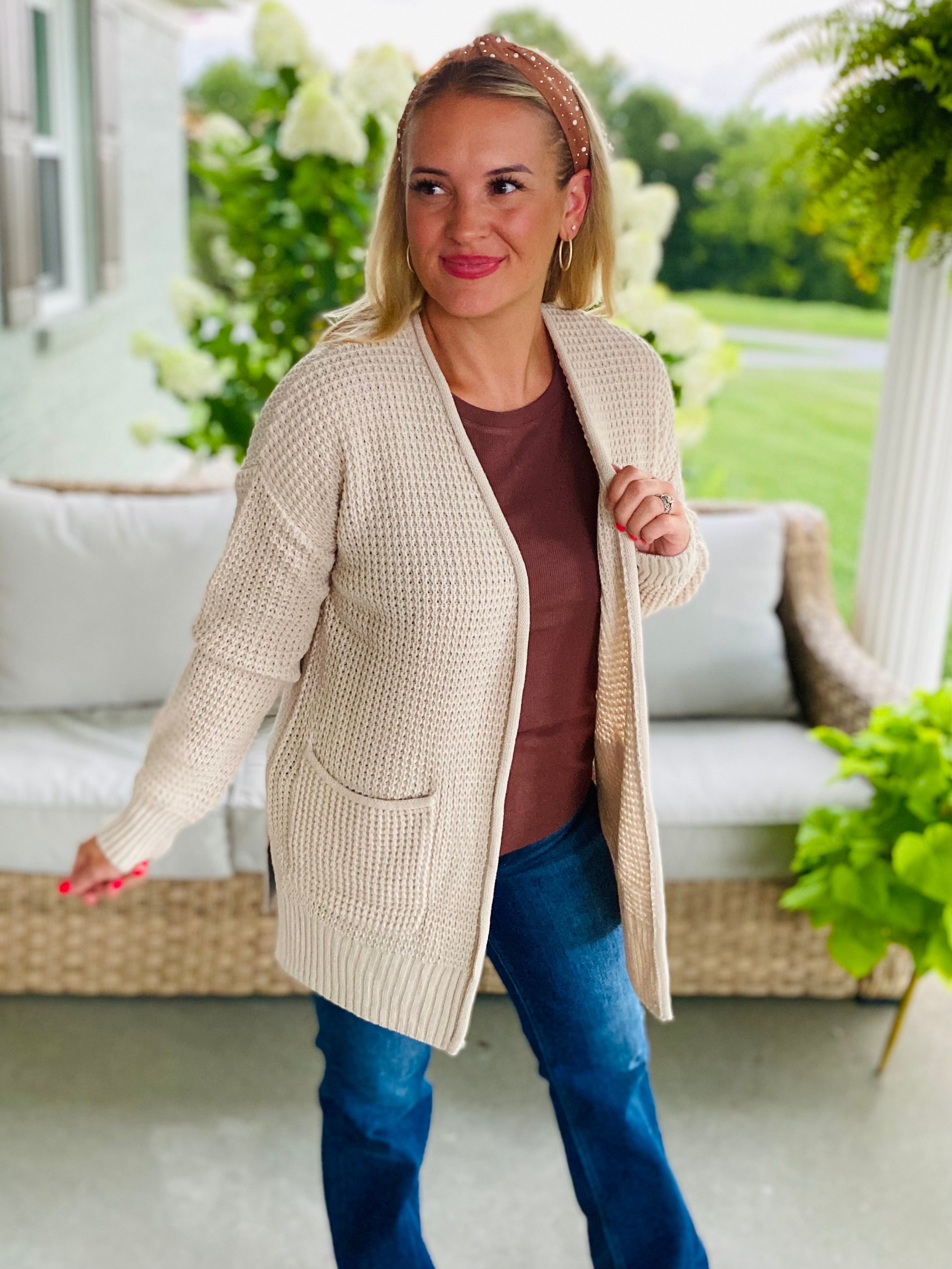 Waffle Knit Cardigan - Sand-160 Cardigan/Kimonos-zenana-The Lovely Closet, Women's Fashion Boutique in Alexandria, KY