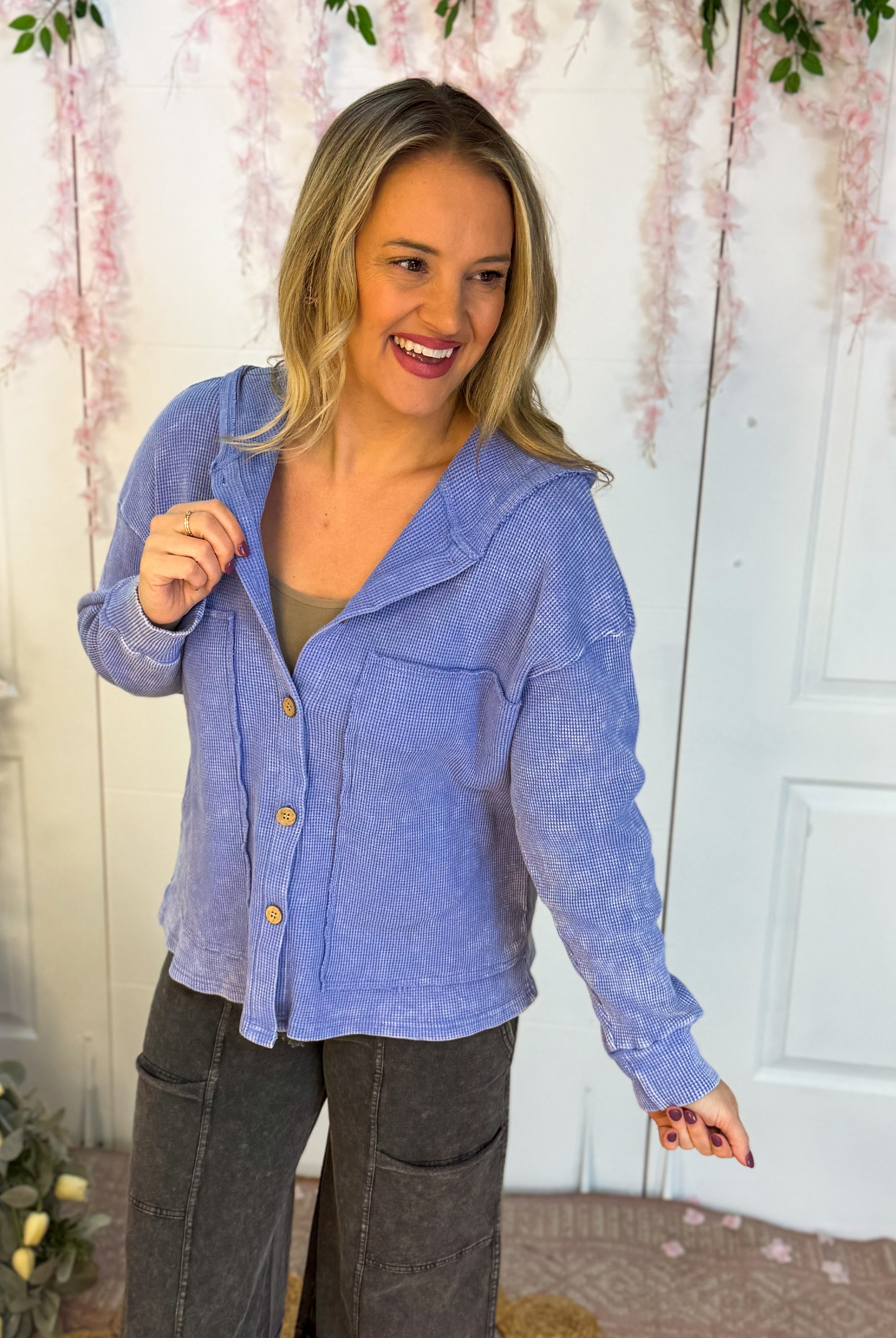 Waffle Knit Hooded Jacket-110 Long Sleeve Top-bibi-The Lovely Closet, Women's Fashion Boutique in Alexandria, KY