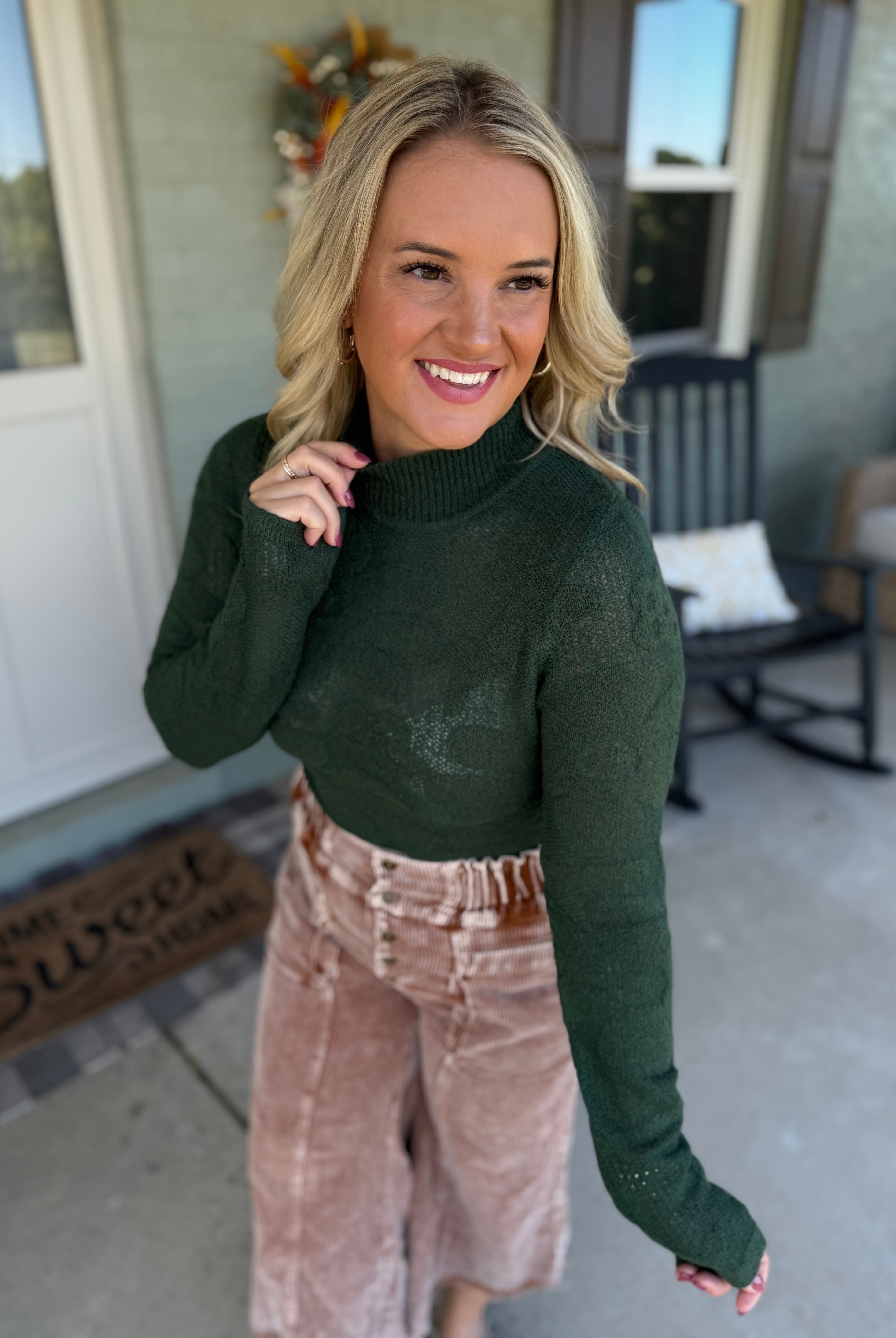 Harvest Moon Floral Jacquard Top - Hunter Green-110 Long Sleeve Top-Anniewear-The Lovely Closet, Women's Fashion Boutique in Alexandria, KY