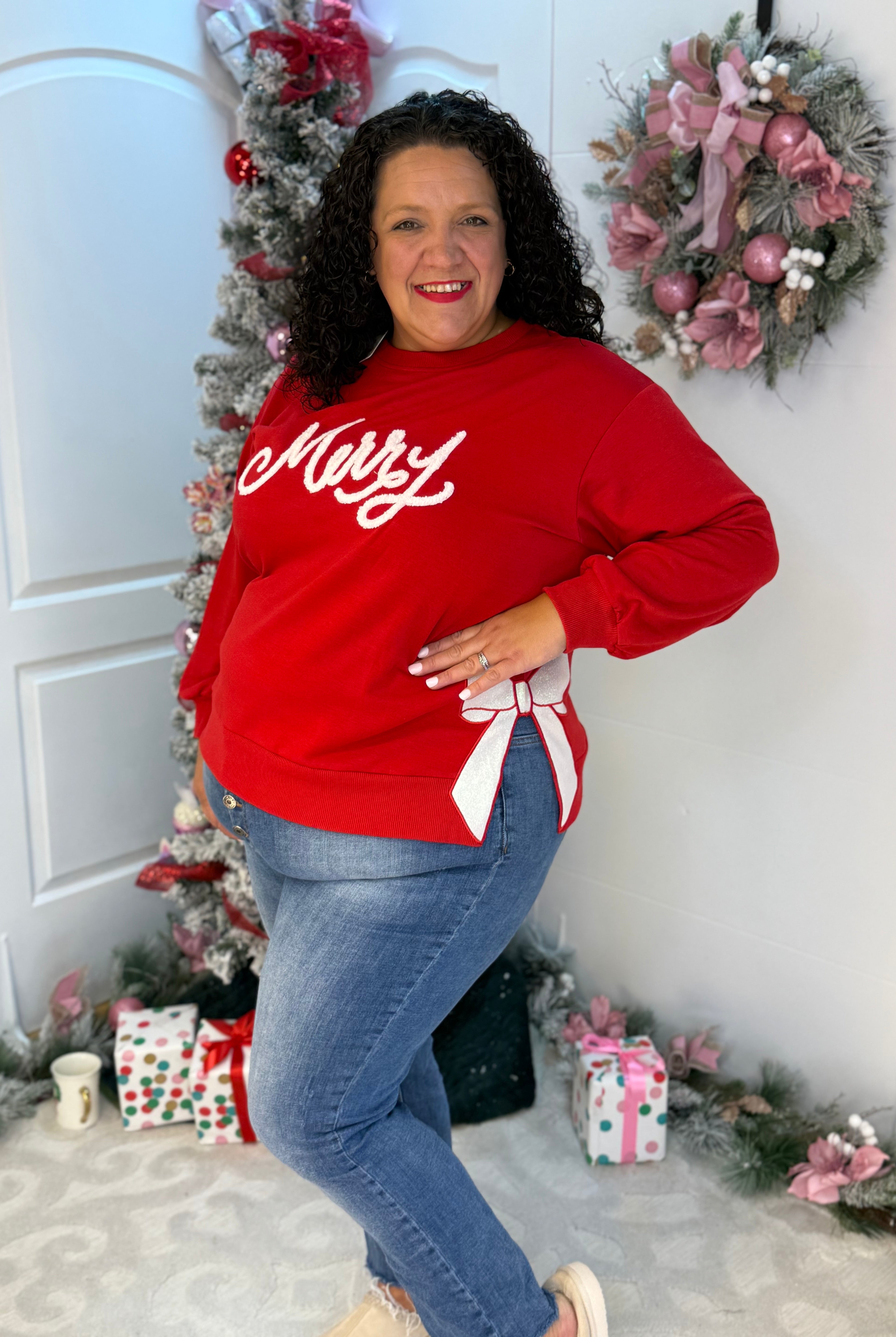 Lakelyn Merry Bow Pullover-150 Sweatshirts-Mary Square-The Lovely Closet, Women's Fashion Boutique in Alexandria, KY