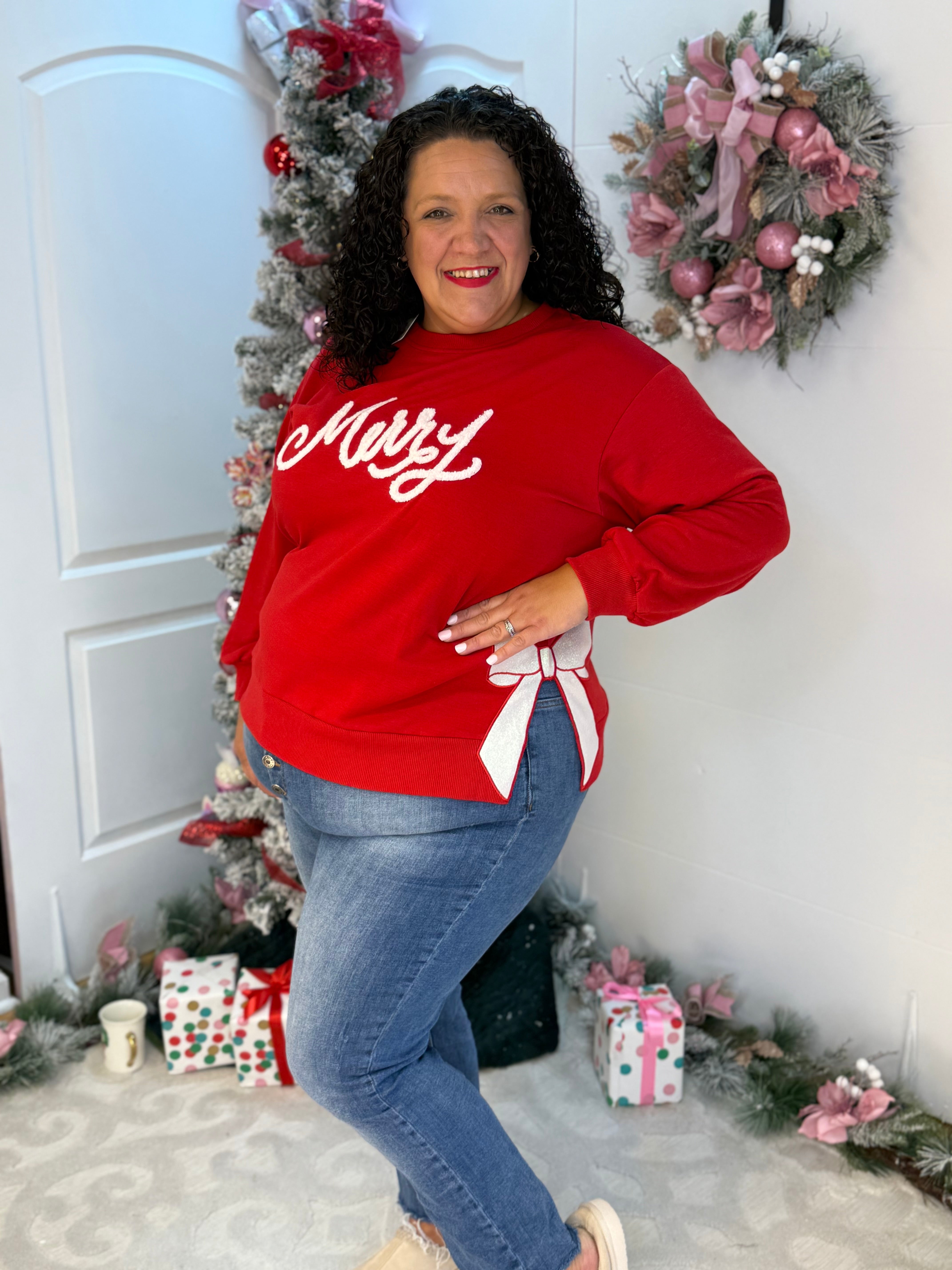 Lakelyn Merry Bow Pullover-150 Sweatshirts-Mary Square-The Lovely Closet, Women's Fashion Boutique in Alexandria, KY