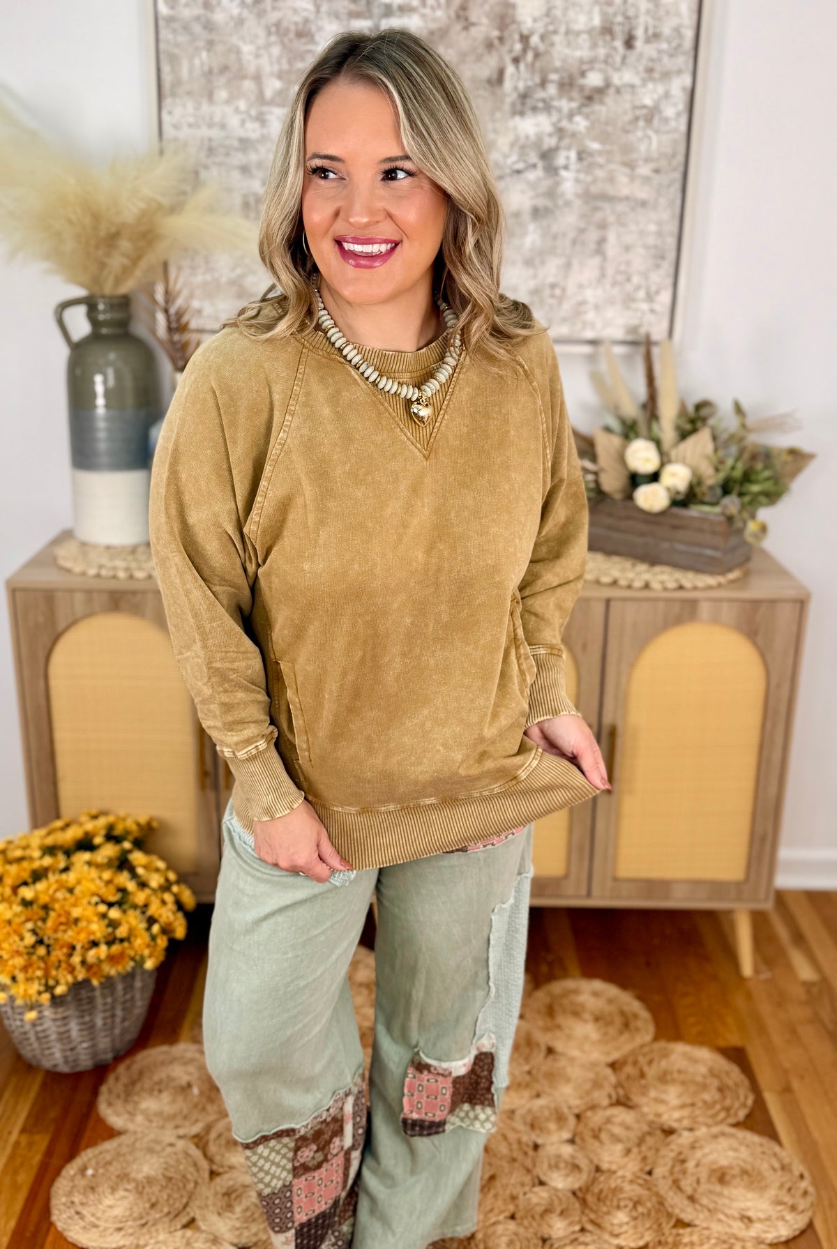 Run Around Acid Wash Pullover - Camel-150 Sweatshirts-The Lovely Closet-The Lovely Closet, Women's Fashion Boutique in Alexandria, KY