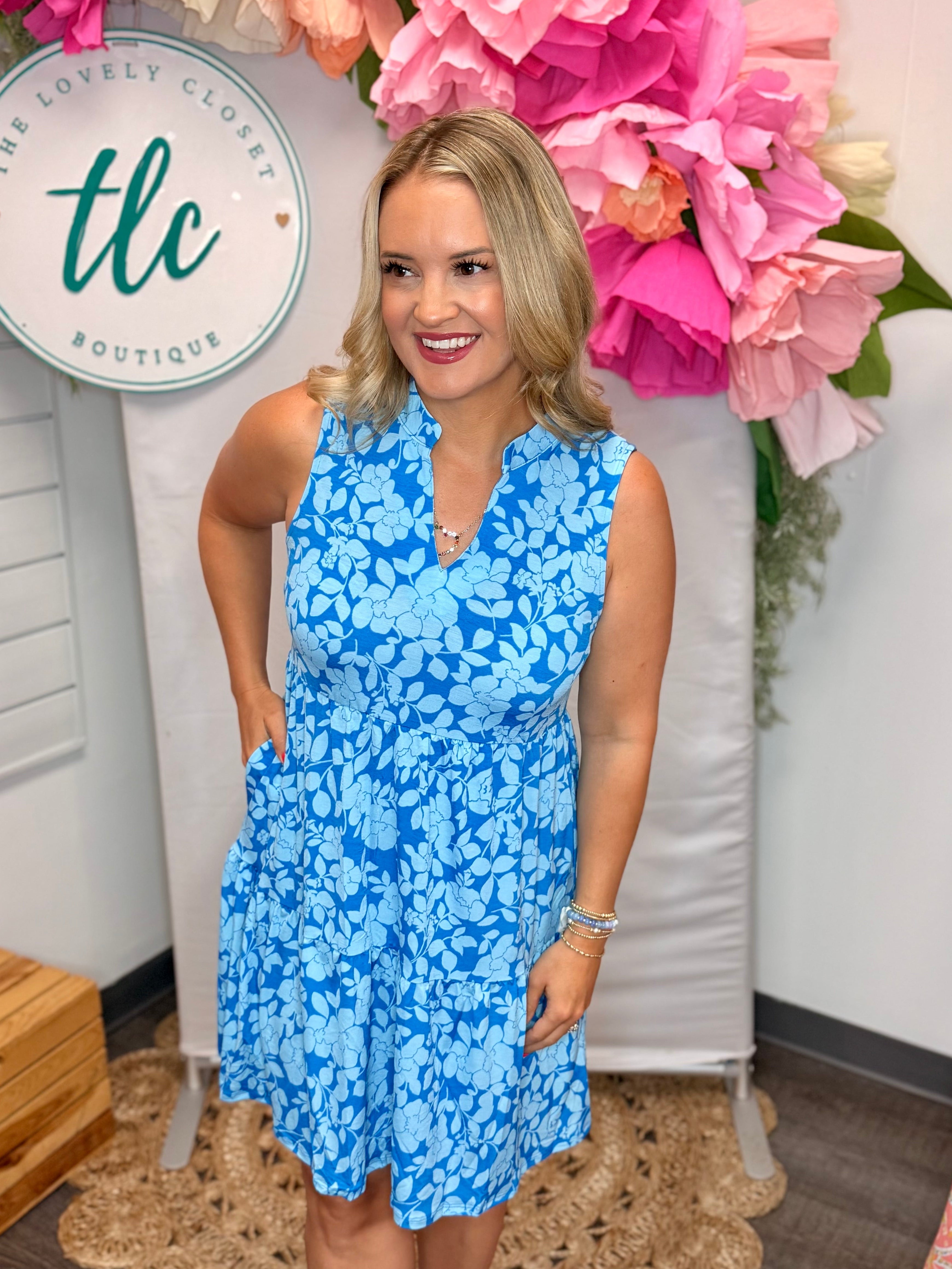 Coastal Blue Floral Lizzy Dress-180 Dresses-Dear Scarlett-The Lovely Closet, Women's Fashion Boutique in Alexandria, KY