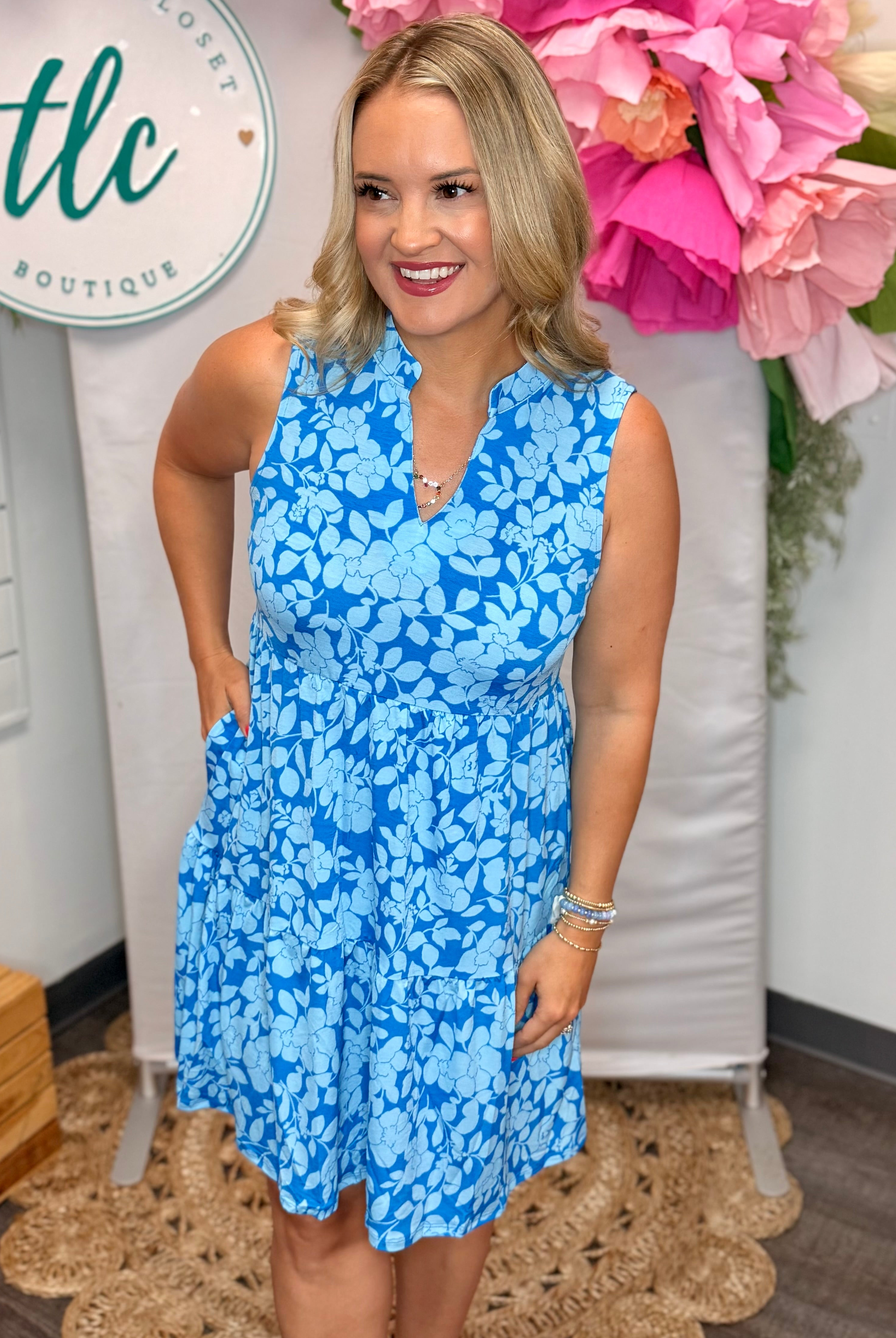 Coastal Blue Floral Lizzy Dress-180 Dresses-Dear Scarlett-The Lovely Closet, Women's Fashion Boutique in Alexandria, KY