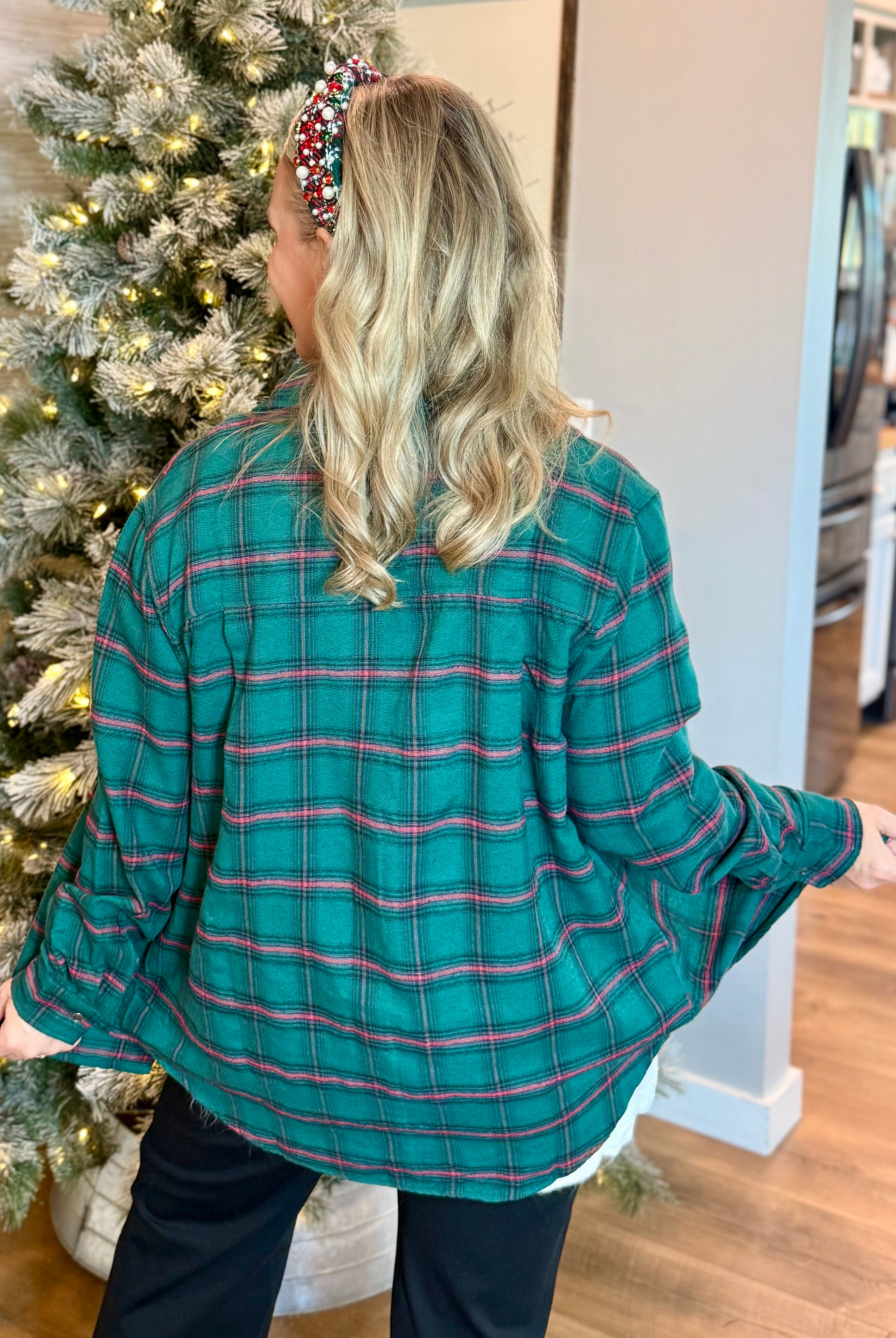 Button Down Plaid Shirt - Green-110 Long Sleeve Top-La Miel-The Lovely Closet, Women's Fashion Boutique in Alexandria, KY