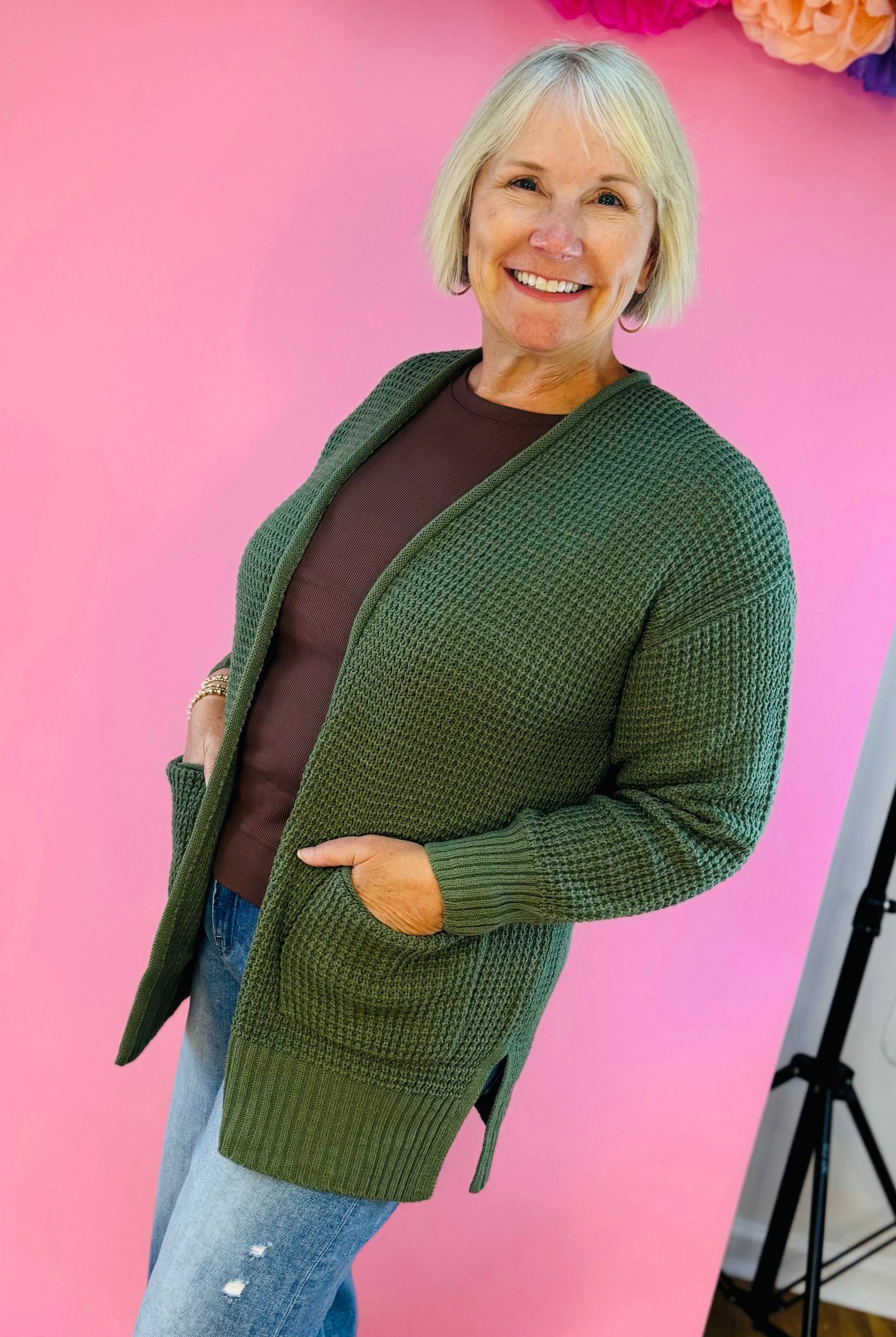 Waffle Knit Cardigan - Olive-160 Cardigan/Kimonos-zenana-The Lovely Closet, Women's Fashion Boutique in Alexandria, KY