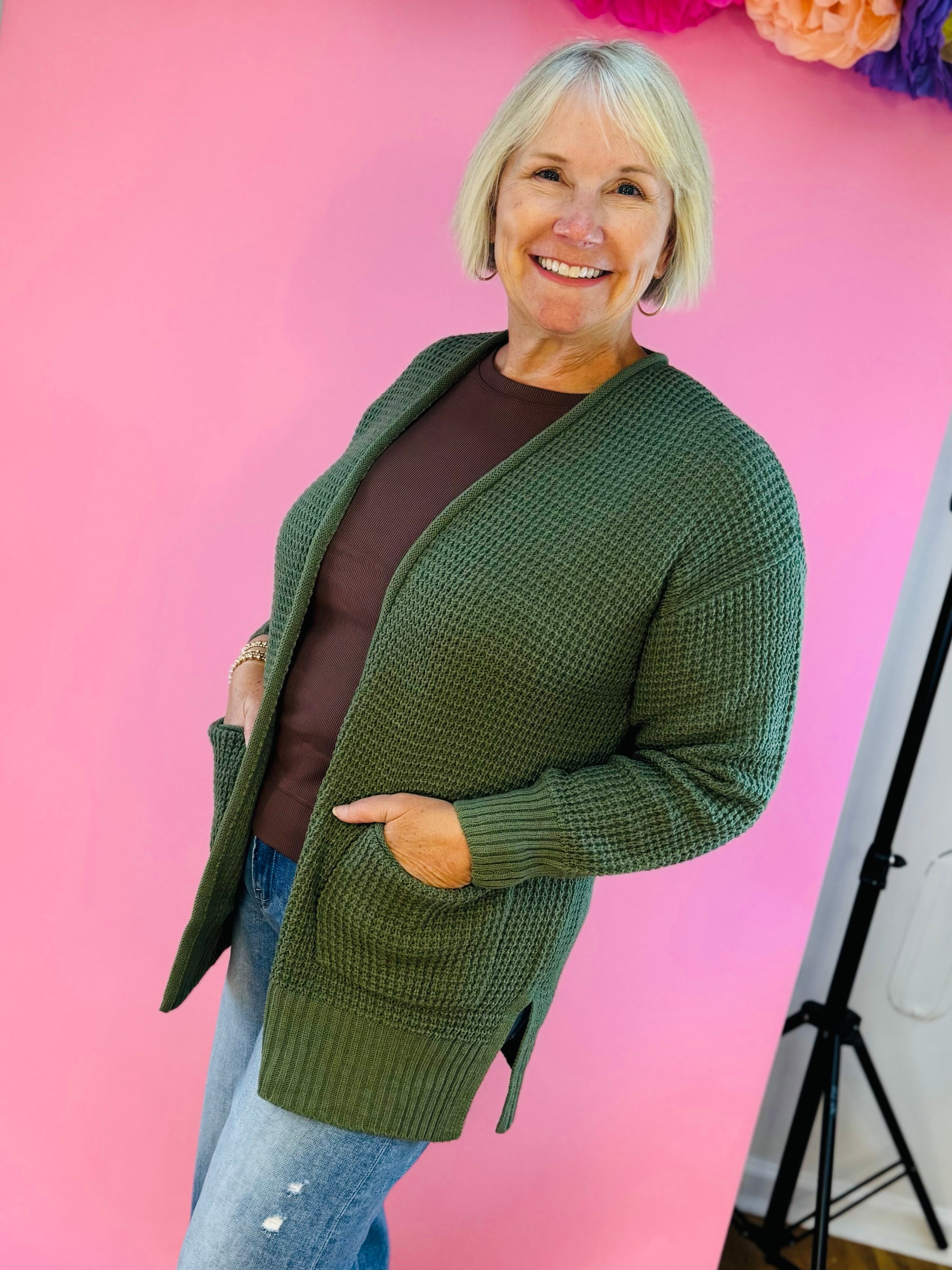 Waffle Knit Cardigan - Olive-160 Cardigan/Kimonos-zenana-The Lovely Closet, Women's Fashion Boutique in Alexandria, KY