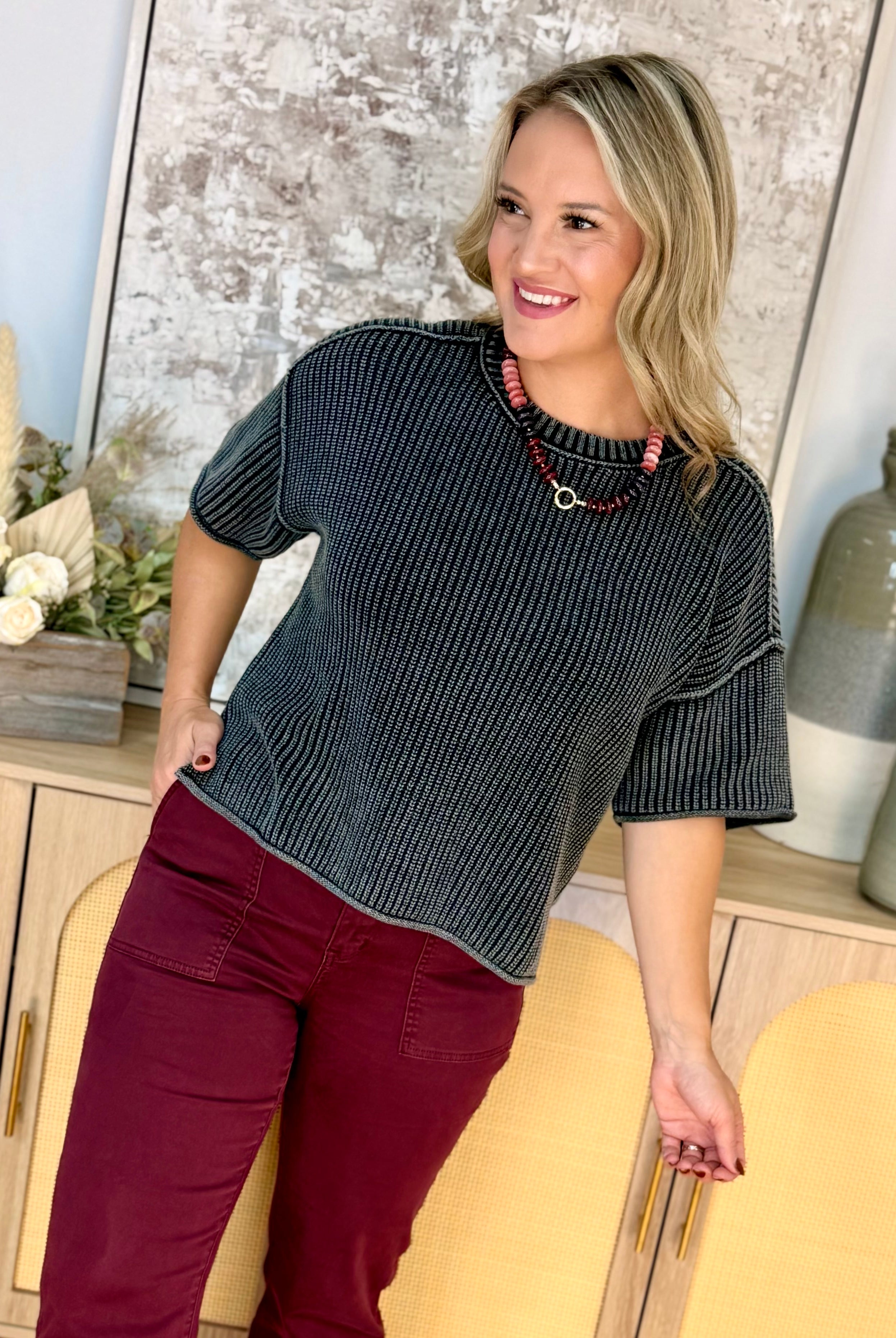 Let's Getaway Short Sleeve Sweater - Charcoal-140 Sweaters-Blu Pepper-The Lovely Closet, Women's Fashion Boutique in Alexandria, KY