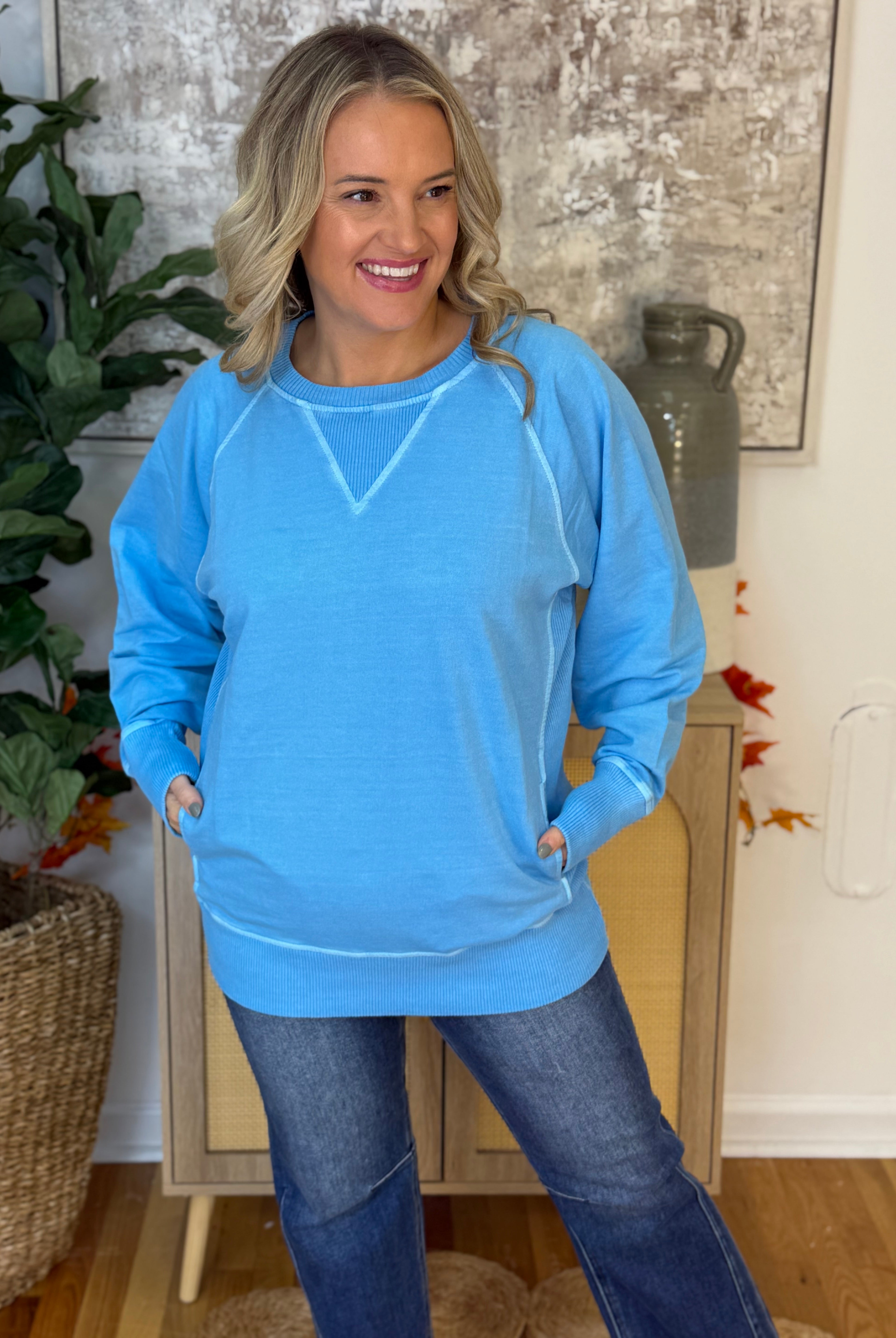 Keeping it Casual Pullover 2025 - Sky Blue-150 Sweatshirts-zenana-The Lovely Closet, Women's Fashion Boutique in Alexandria, KY