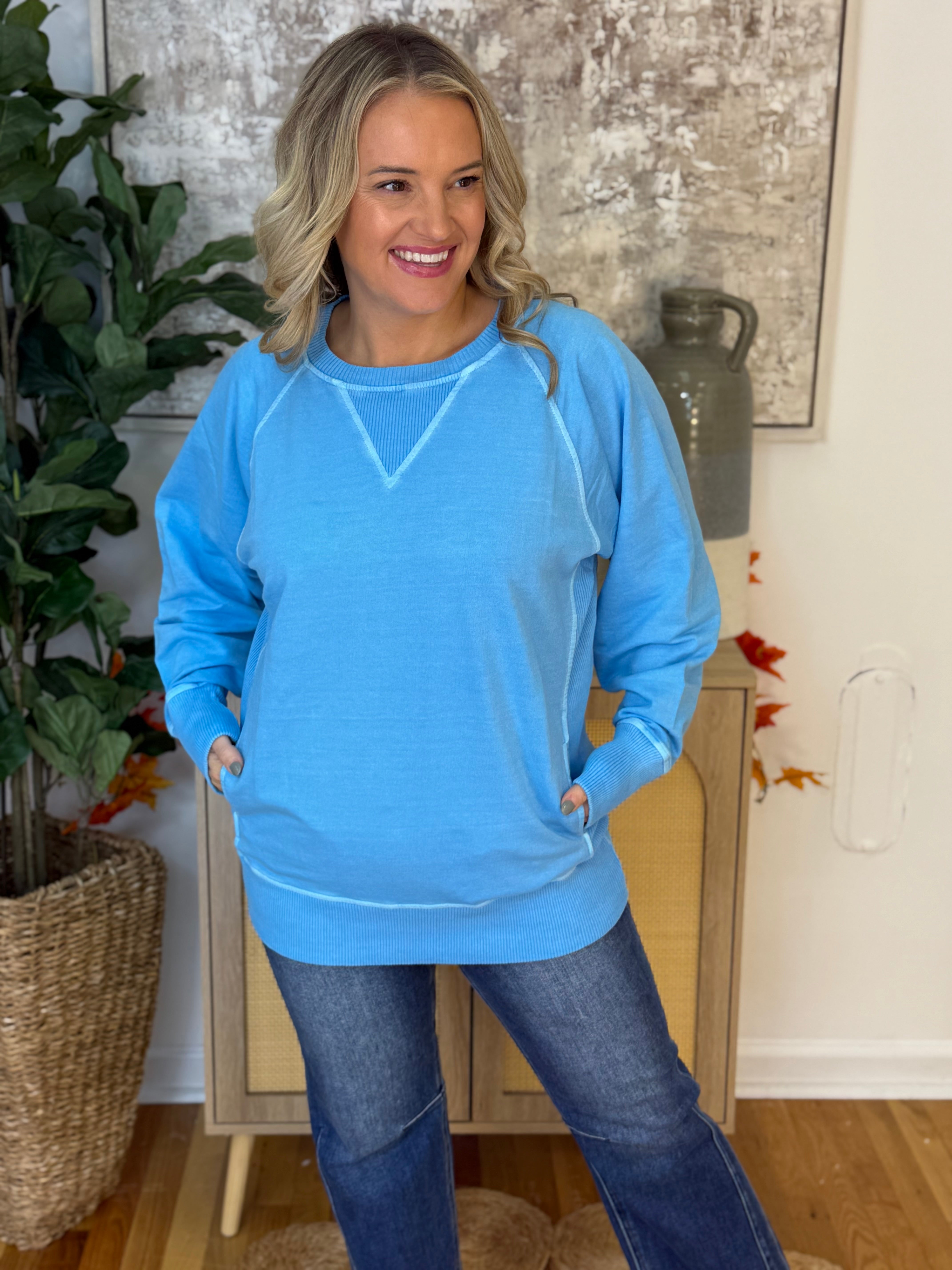 Keeping it Casual Pullover 2025 - Sky Blue-150 Sweatshirts-zenana-The Lovely Closet, Women's Fashion Boutique in Alexandria, KY