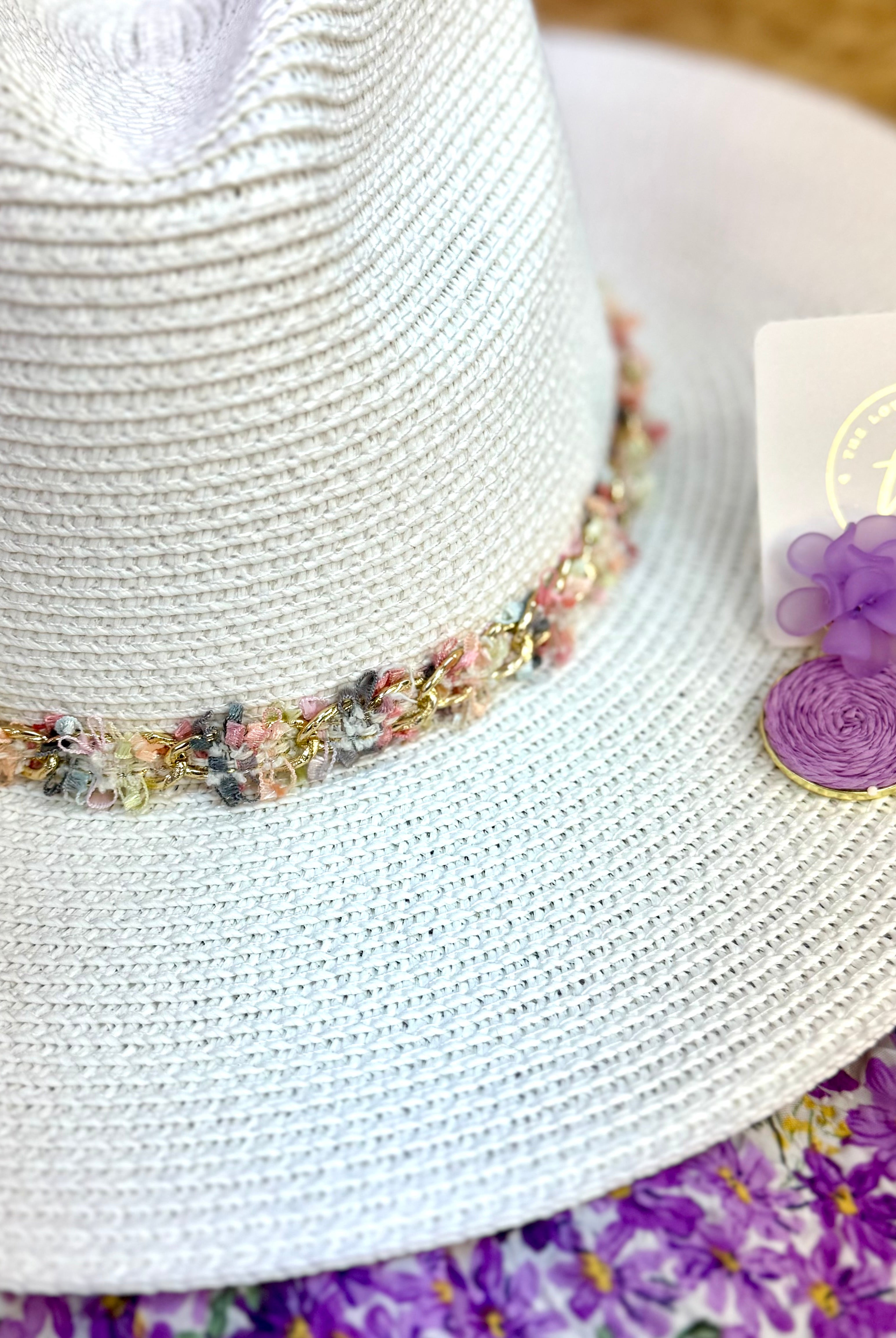 FINAL SALE - Sun Hat w/ Mixed Frayed Fabric Band - White-300 Headwear-judson-The Lovely Closet, Women's Fashion Boutique in Alexandria, KY