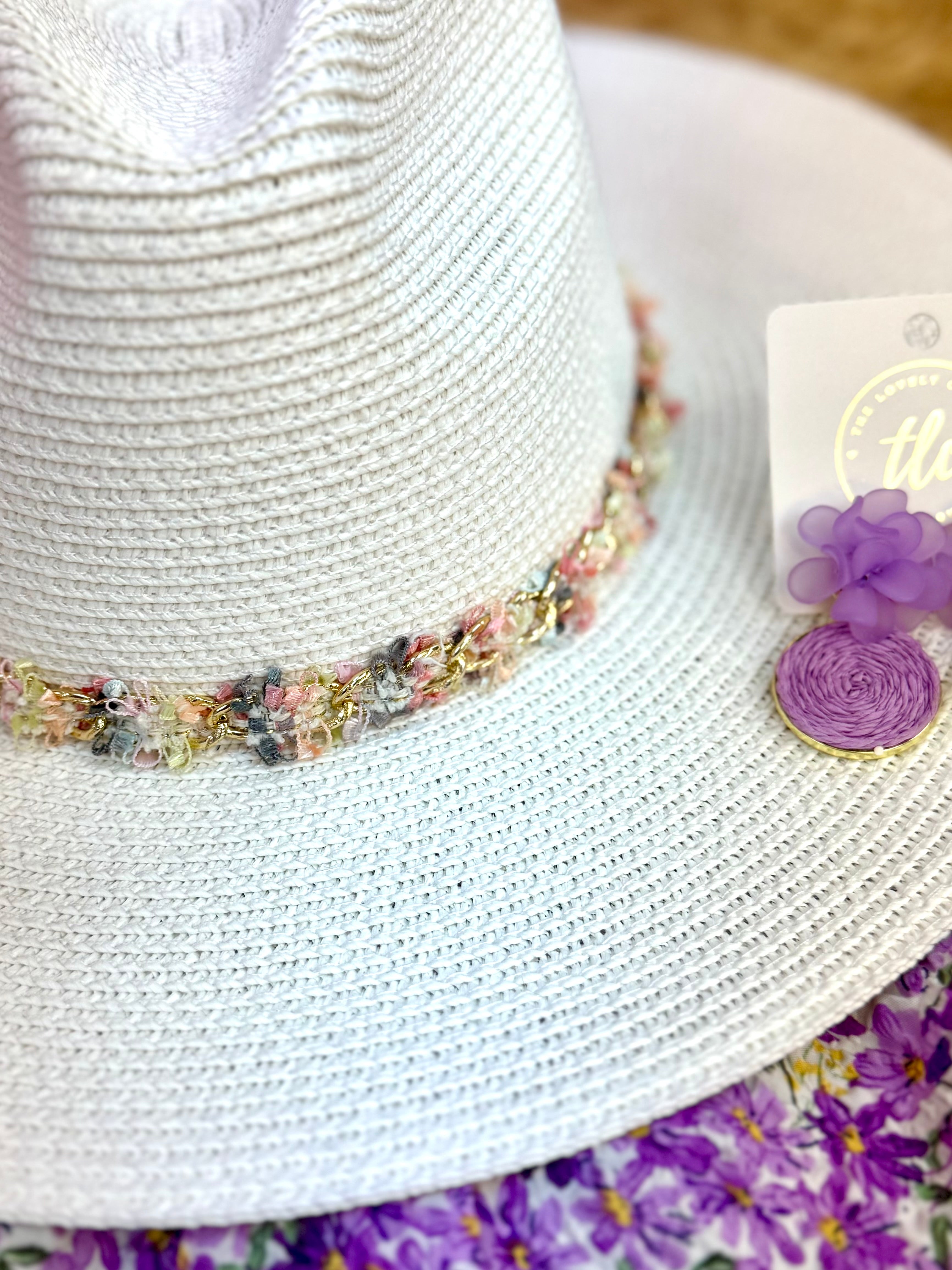 FINAL SALE - Sun Hat w/ Mixed Frayed Fabric Band - White-300 Headwear-judson-The Lovely Closet, Women's Fashion Boutique in Alexandria, KY