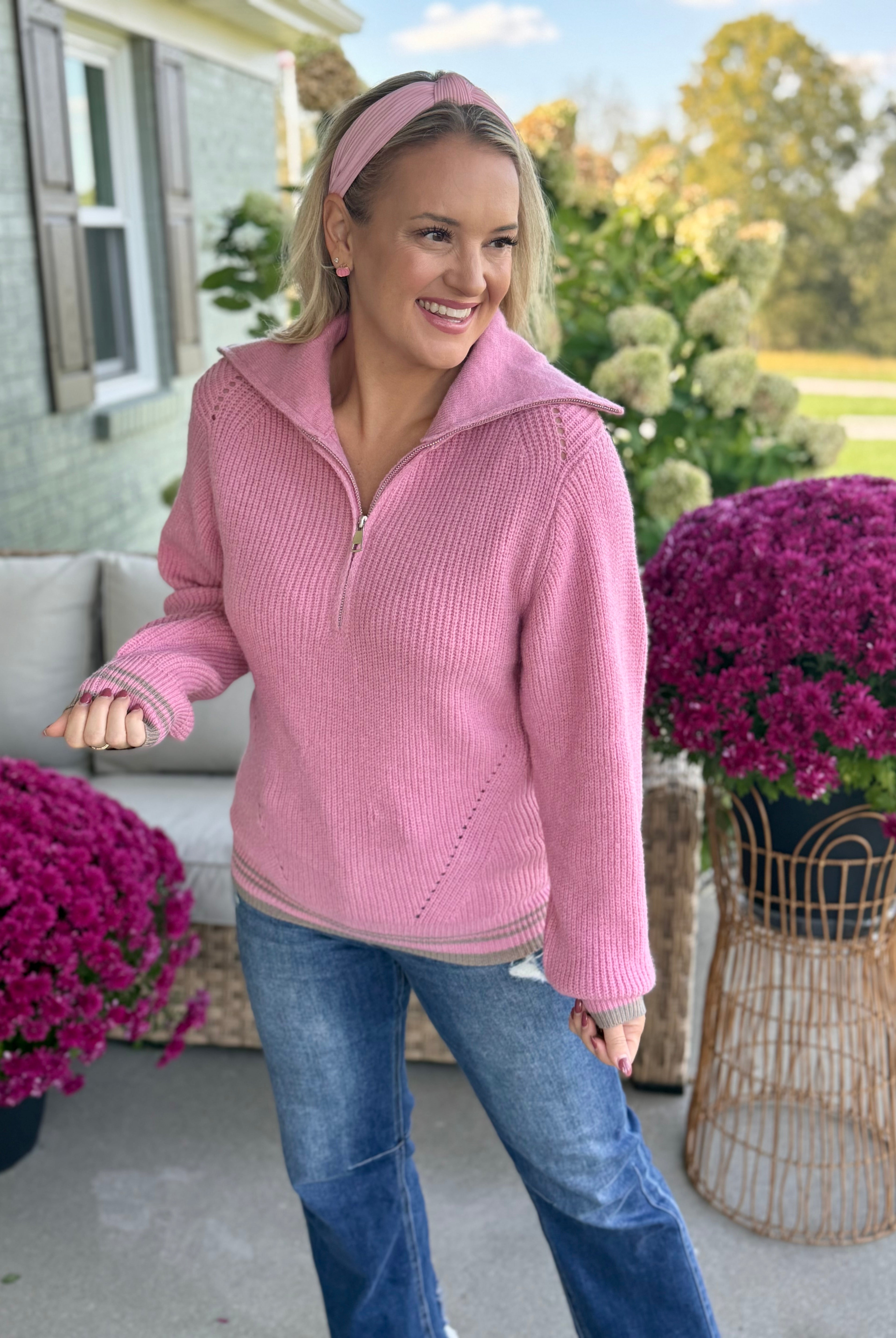 Pink Perfection Quarter Zip Sweater-140 Sweaters-Donation Pink-The Lovely Closet, Women's Fashion Boutique in Alexandria, KY