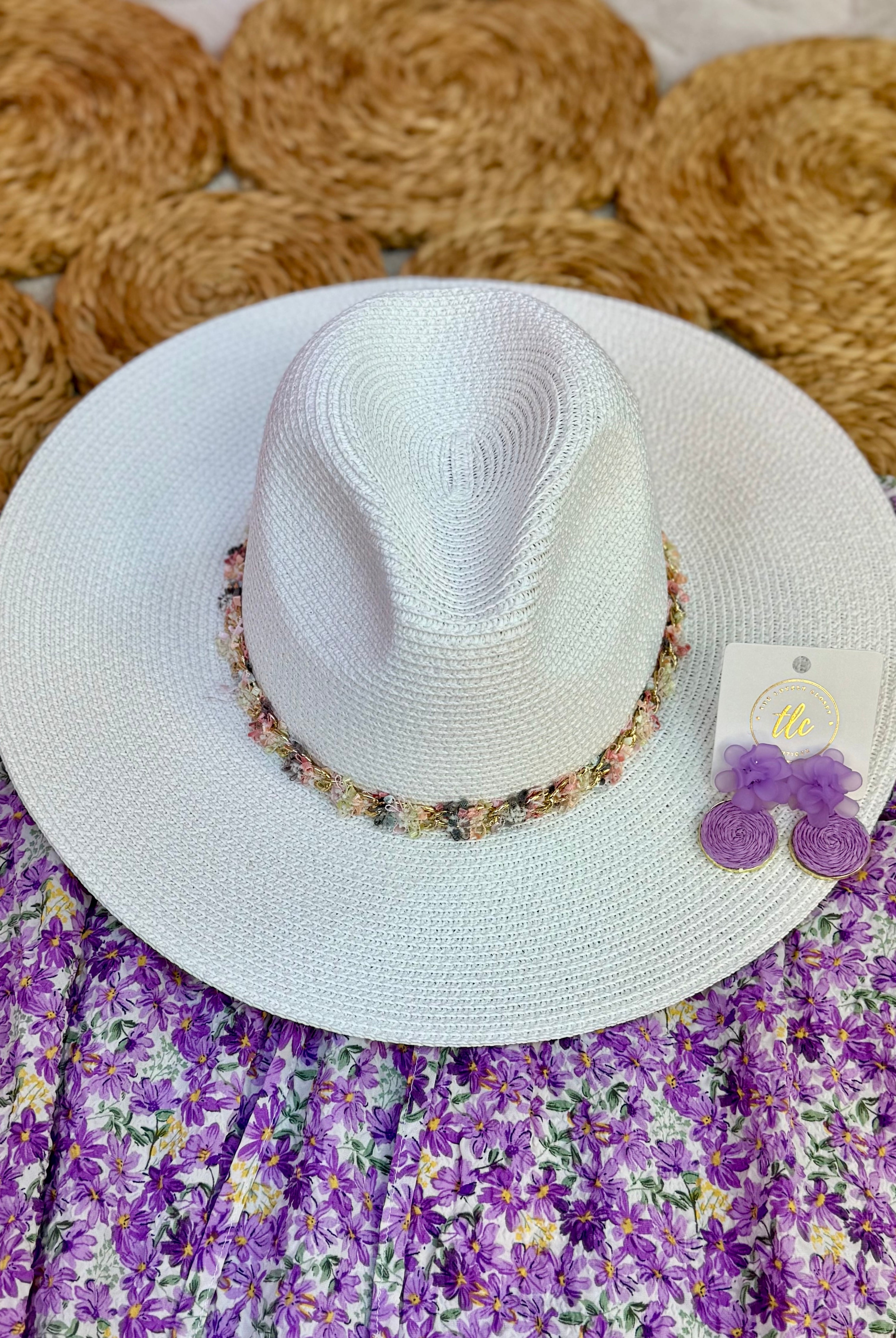 FINAL SALE - Sun Hat w/ Mixed Frayed Fabric Band - White-300 Headwear-judson-The Lovely Closet, Women's Fashion Boutique in Alexandria, KY