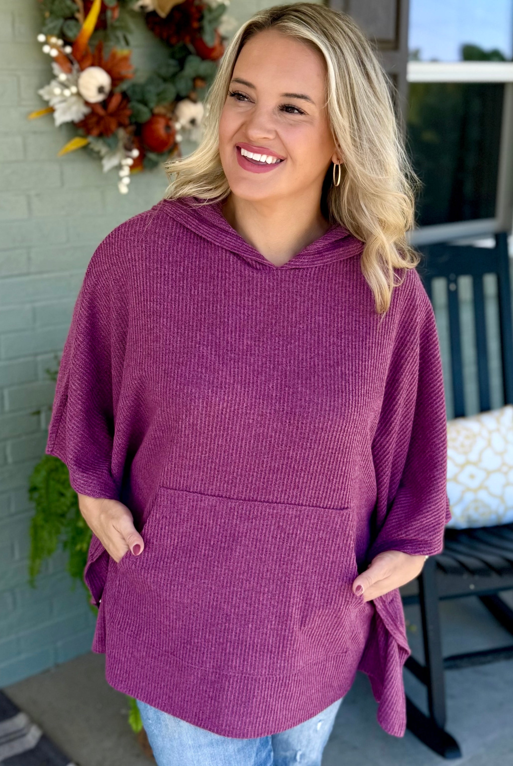FINAL SALE - Ribbed Knit Poncho Top - Mulberry-170 Jackets/Outerwear-Dear Scarlett-The Lovely Closet, Women's Fashion Boutique in Alexandria, KY