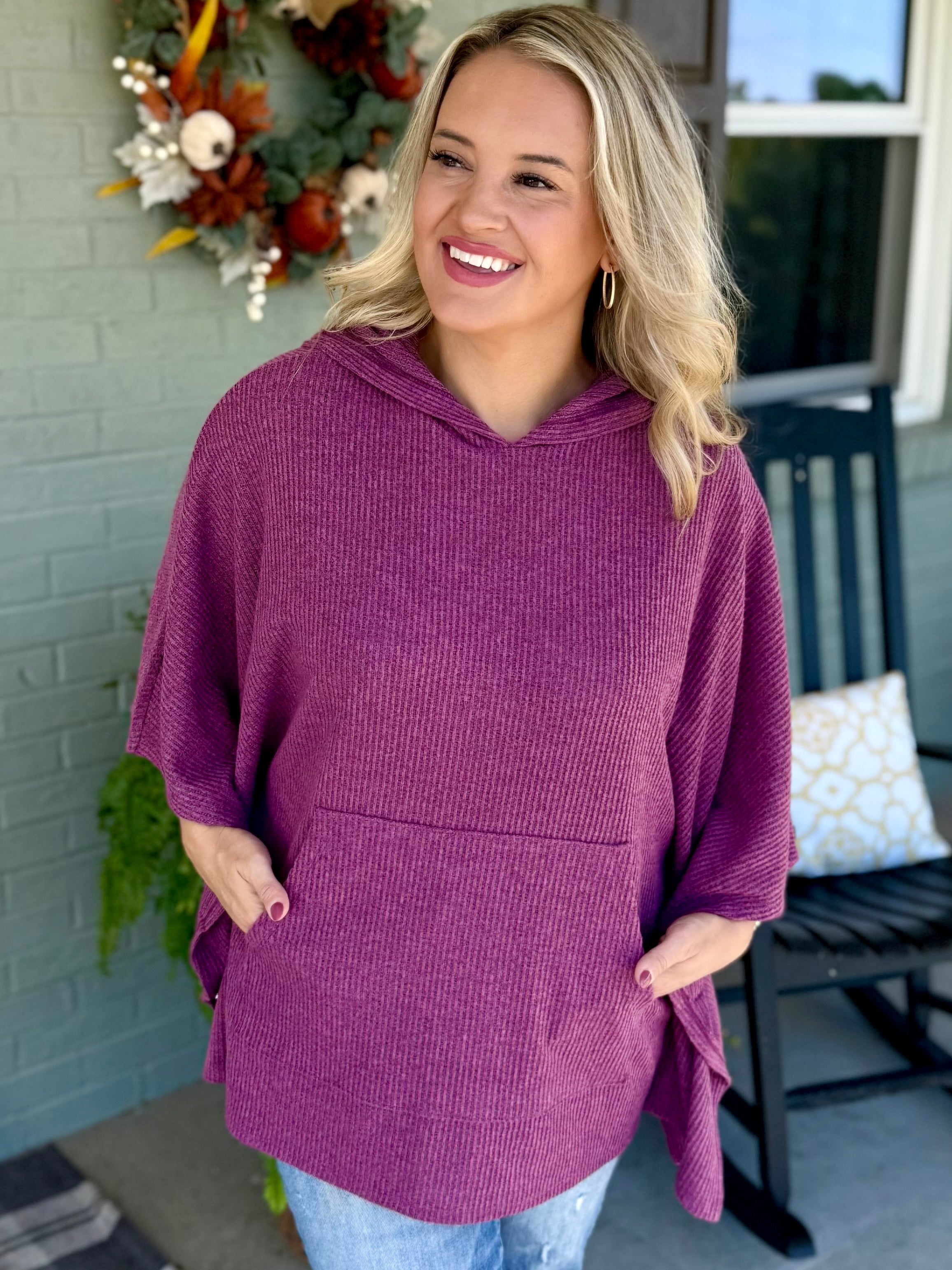 FINAL SALE - Ribbed Knit Poncho Top - Mulberry-170 Jackets/Outerwear-Dear Scarlett-The Lovely Closet, Women's Fashion Boutique in Alexandria, KY