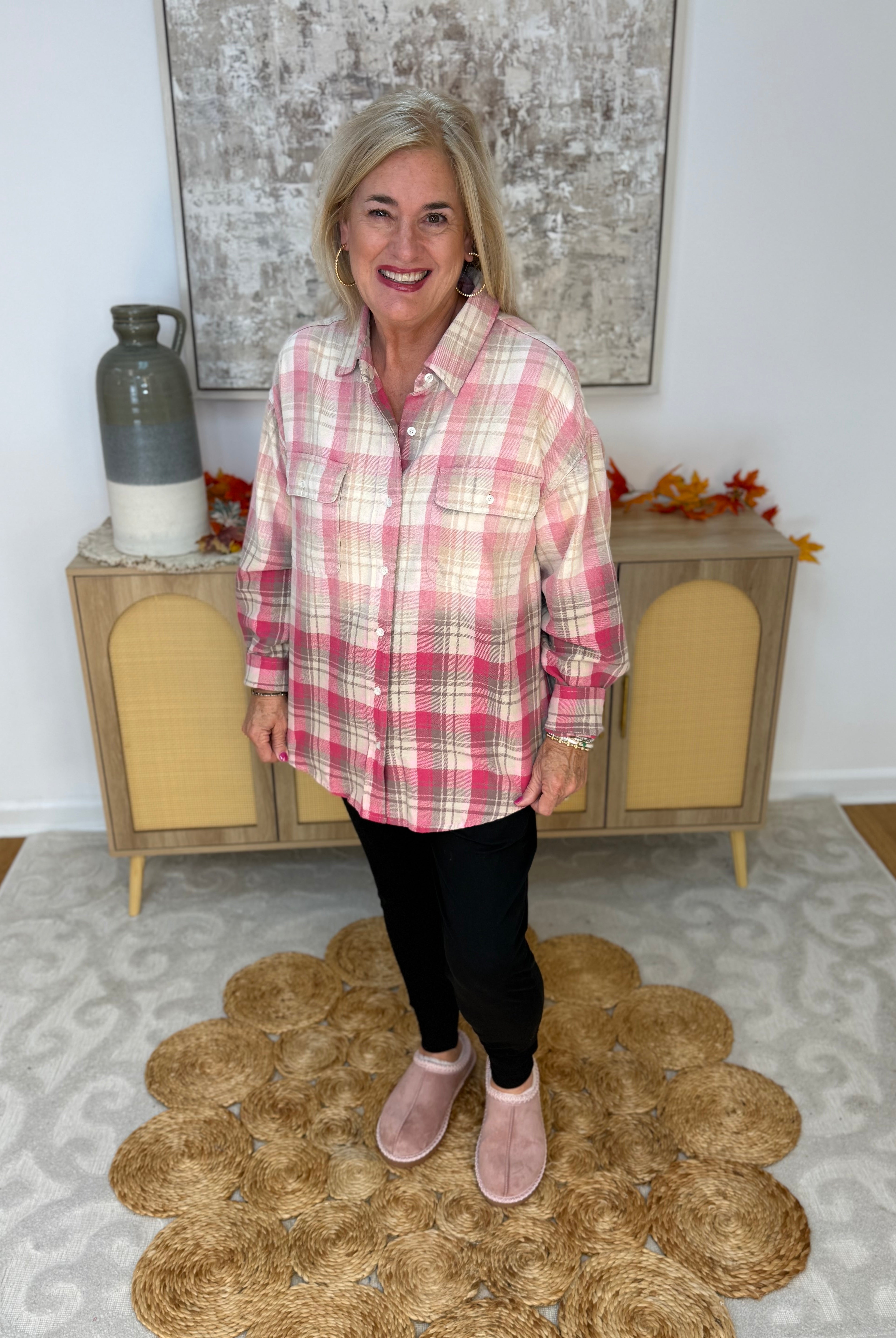 Pink Plaid Ombre Flannel Button Down-110 Long Sleeve Top-White Birch-The Lovely Closet, Women's Fashion Boutique in Alexandria, KY