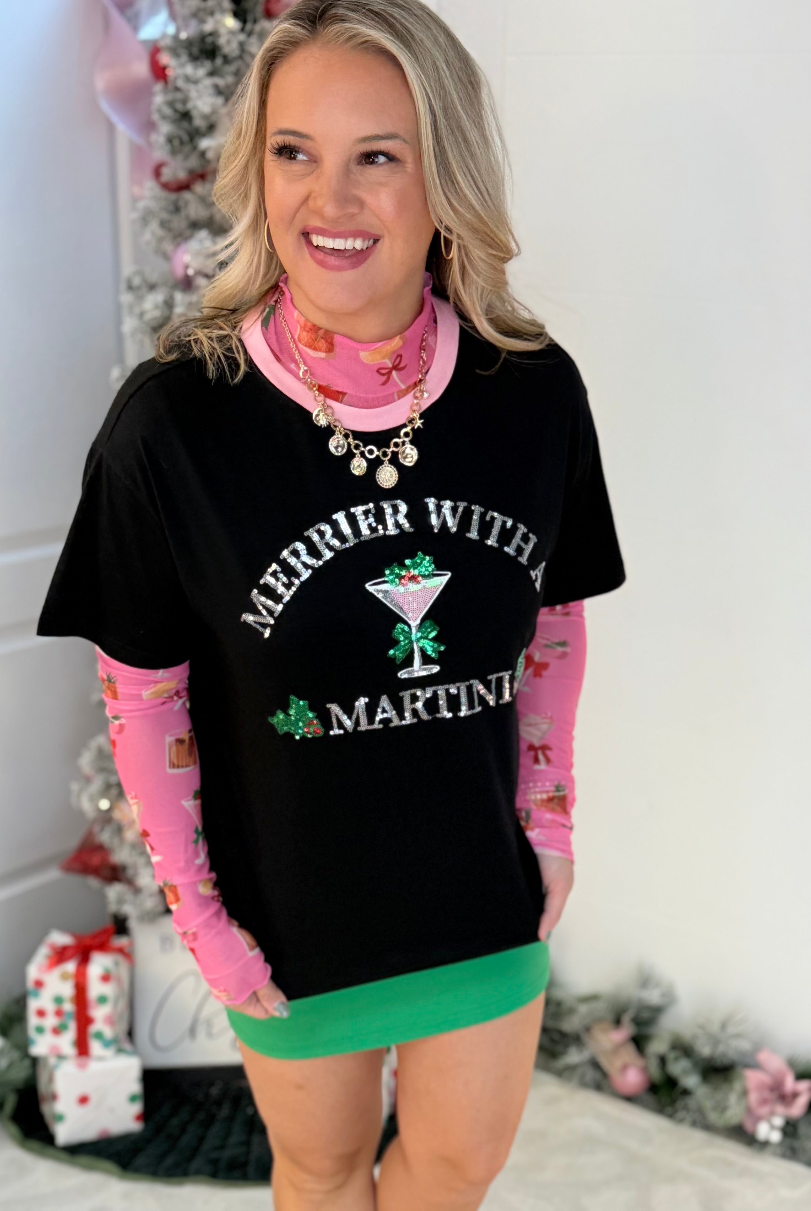 Jess Lea - Merrier With a Martini Sequin Embroidered Tee-350 Holiday-Jess Lea-The Lovely Closet, Women's Fashion Boutique in Alexandria, KY