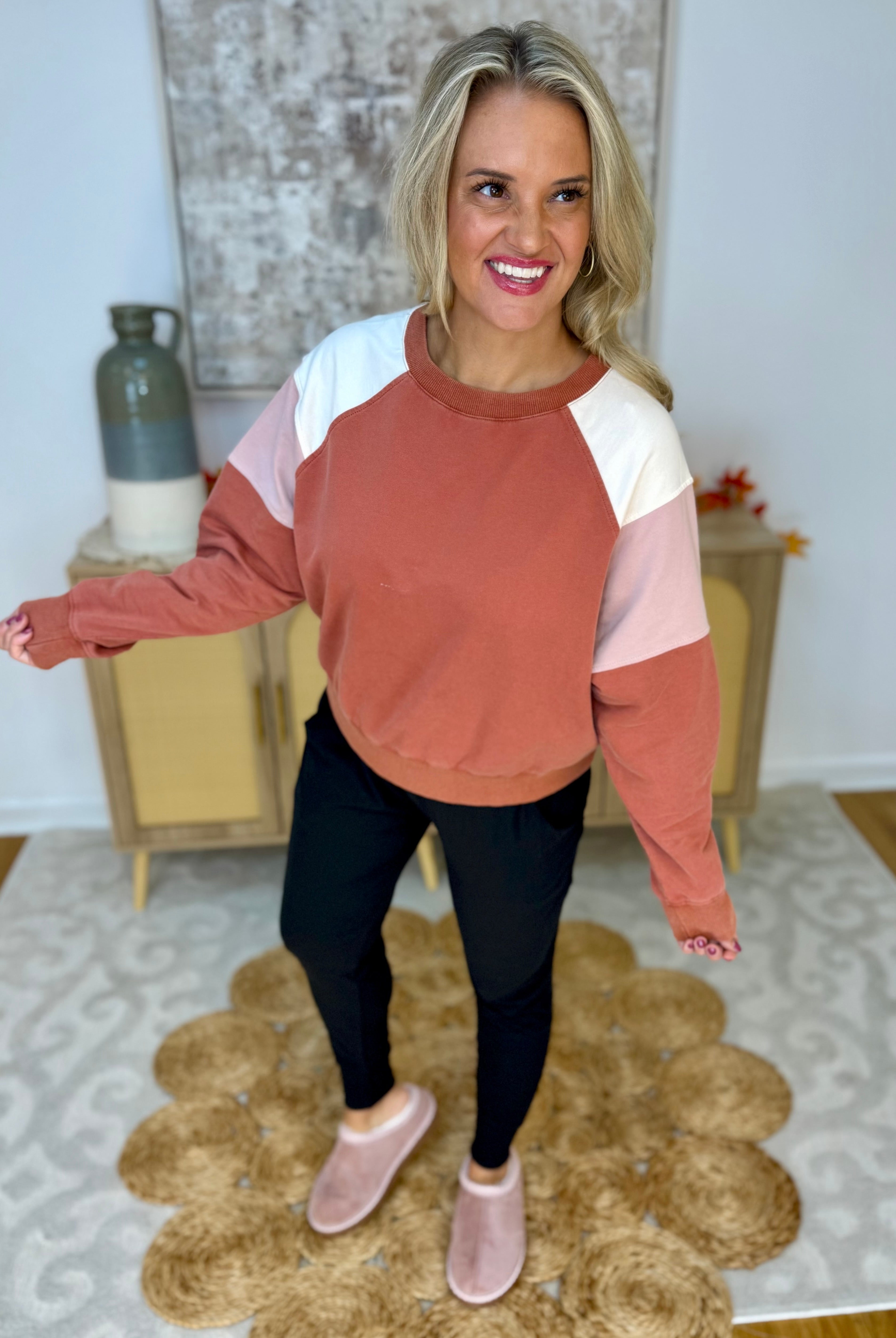 Washed Brick & Pink Pullover-110 Long Sleeve Top-White Birch-The Lovely Closet, Women's Fashion Boutique in Alexandria, KY