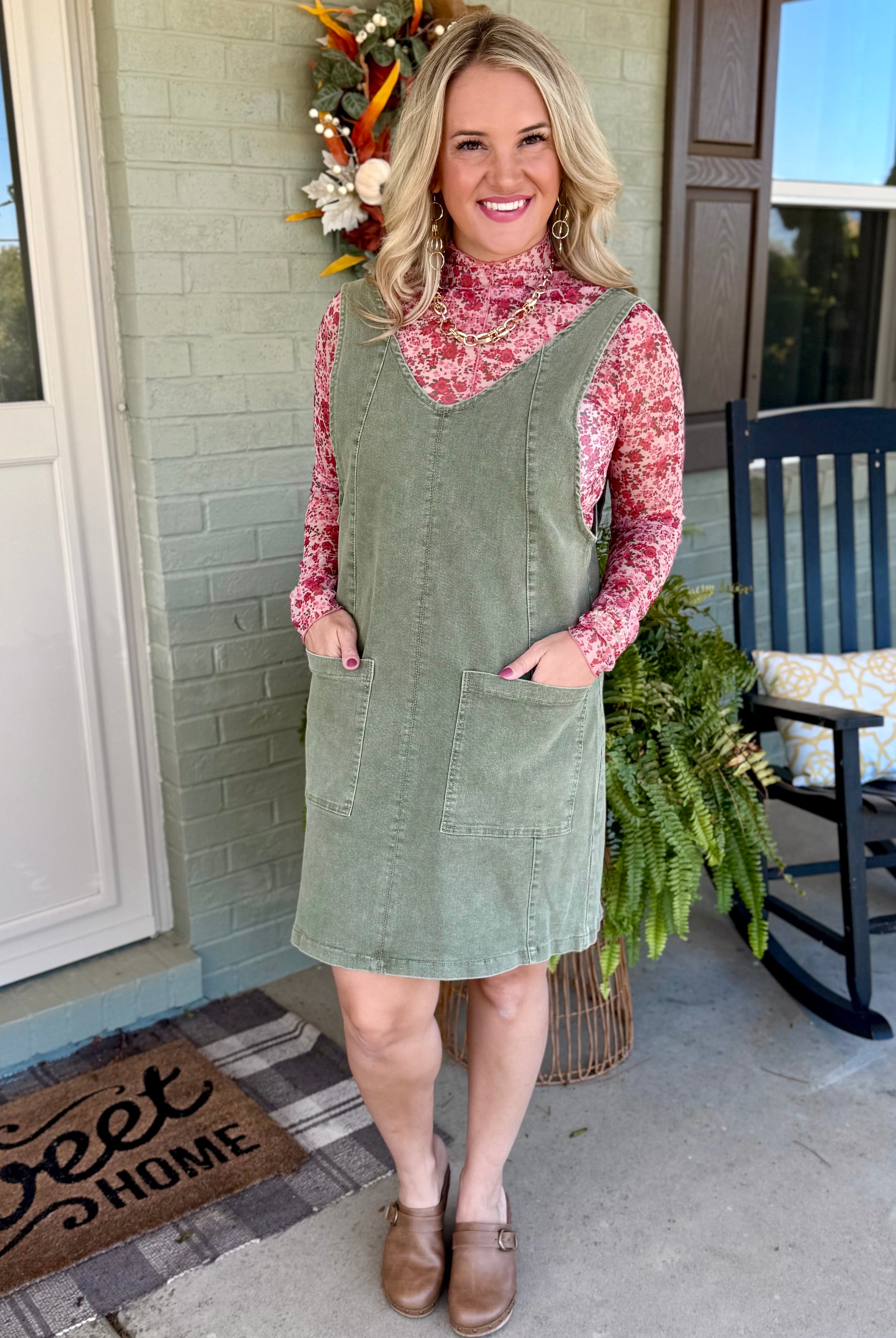Maple Lane Overall Mini Dress - Olive-180 Dresses-Anniewear-The Lovely Closet, Women's Fashion Boutique in Alexandria, KY