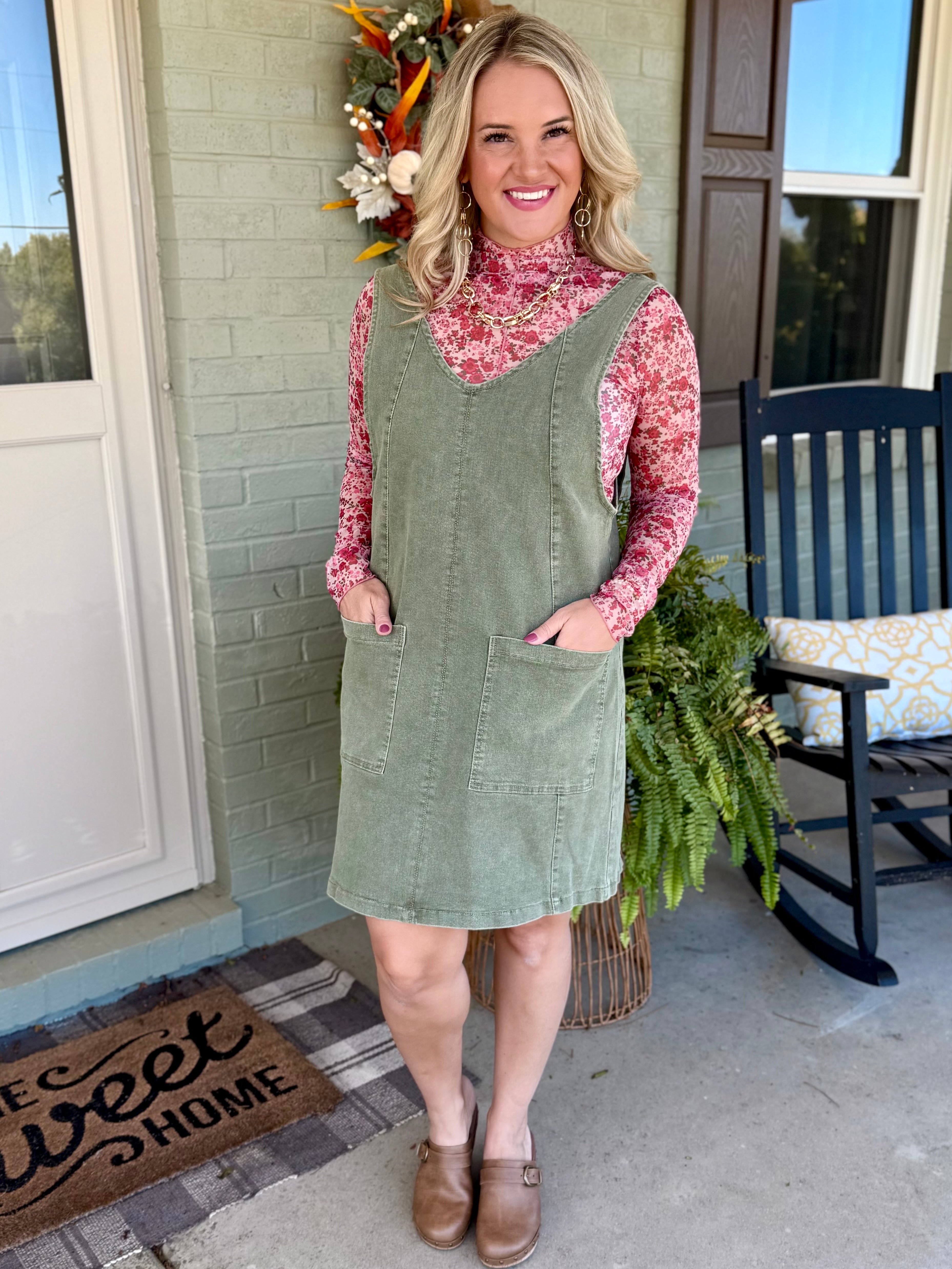 Maple Lane Overall Mini Dress - Olive-180 Dresses-Anniewear-The Lovely Closet, Women's Fashion Boutique in Alexandria, KY