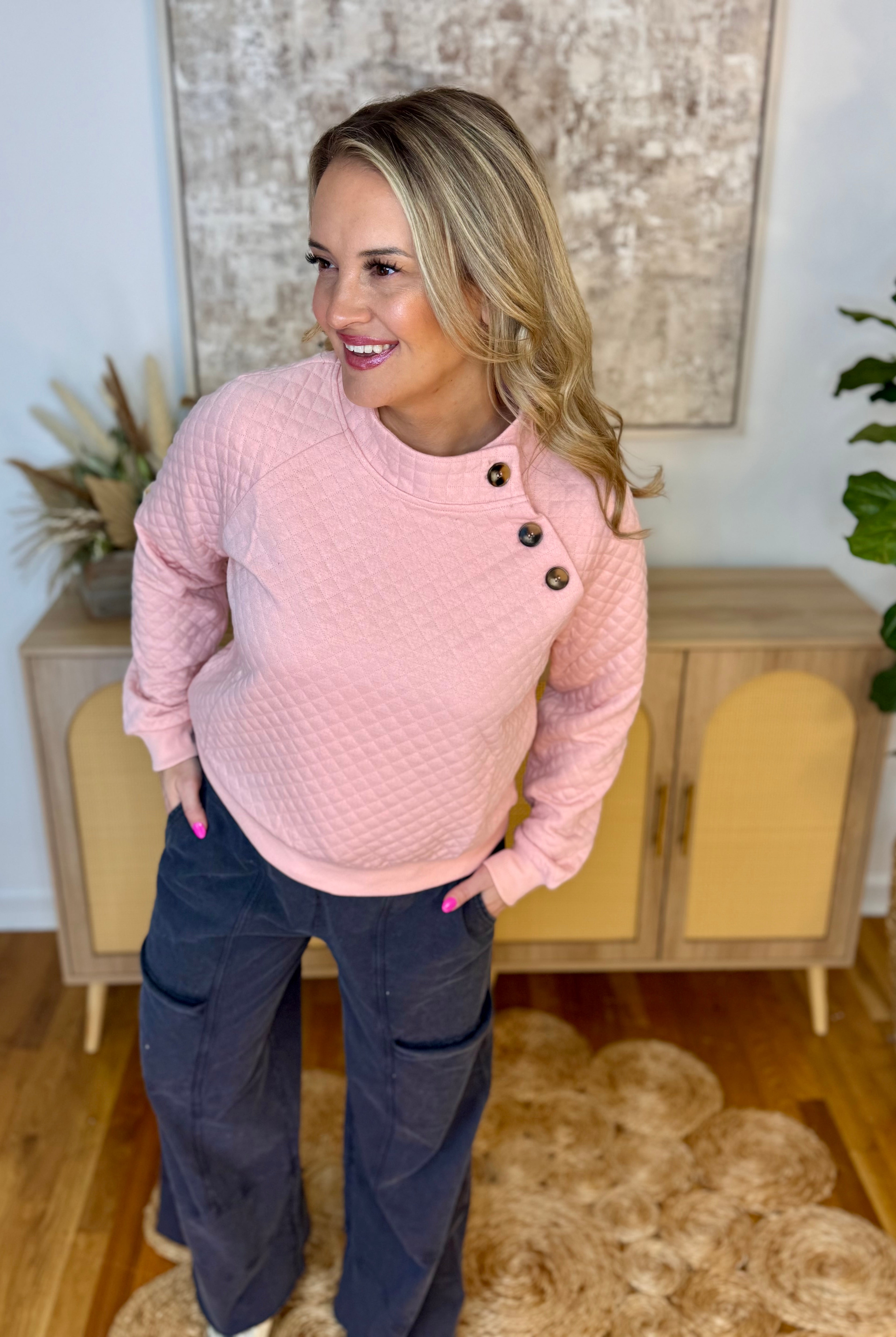 Winter Bliss Quilted Pullover - Blush-150 Sweatshirts-Doe and Rae-The Lovely Closet, Women's Fashion Boutique in Alexandria, KY