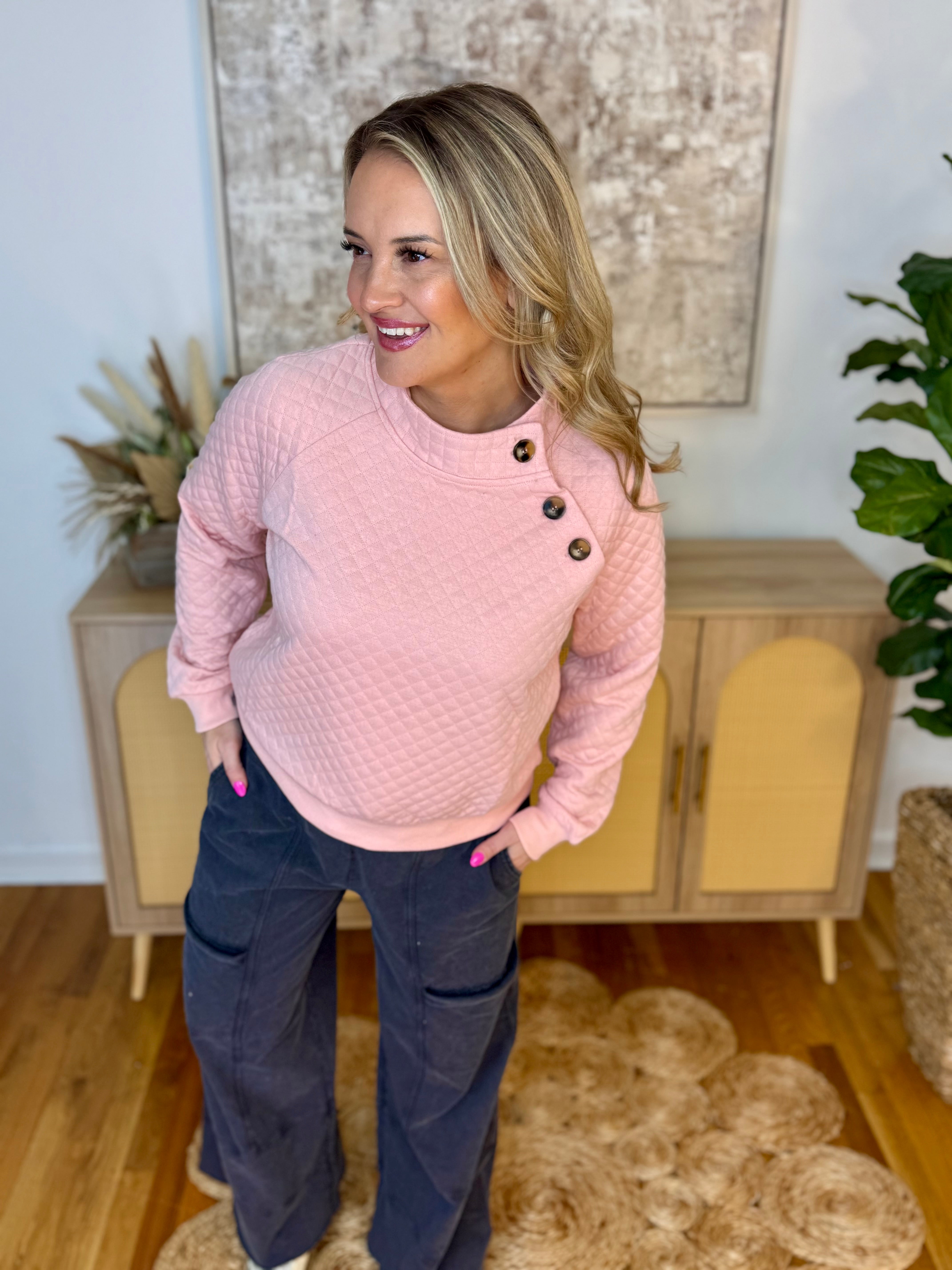 Winter Bliss Quilted Pullover - Blush-150 Sweatshirts-Doe and Rae-The Lovely Closet, Women's Fashion Boutique in Alexandria, KY