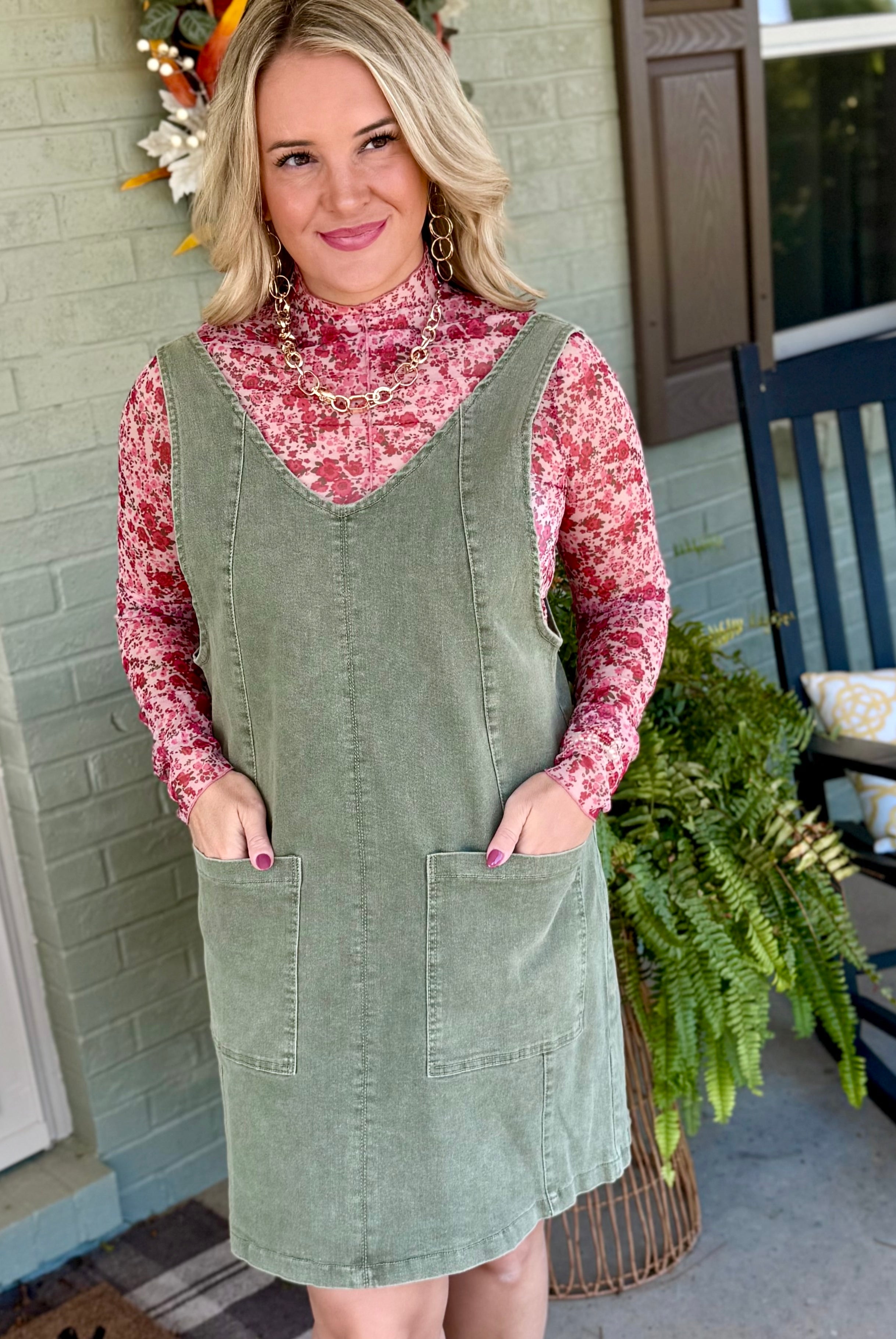 Maple Lane Overall Mini Dress - Olive-180 Dresses-Anniewear-The Lovely Closet, Women's Fashion Boutique in Alexandria, KY