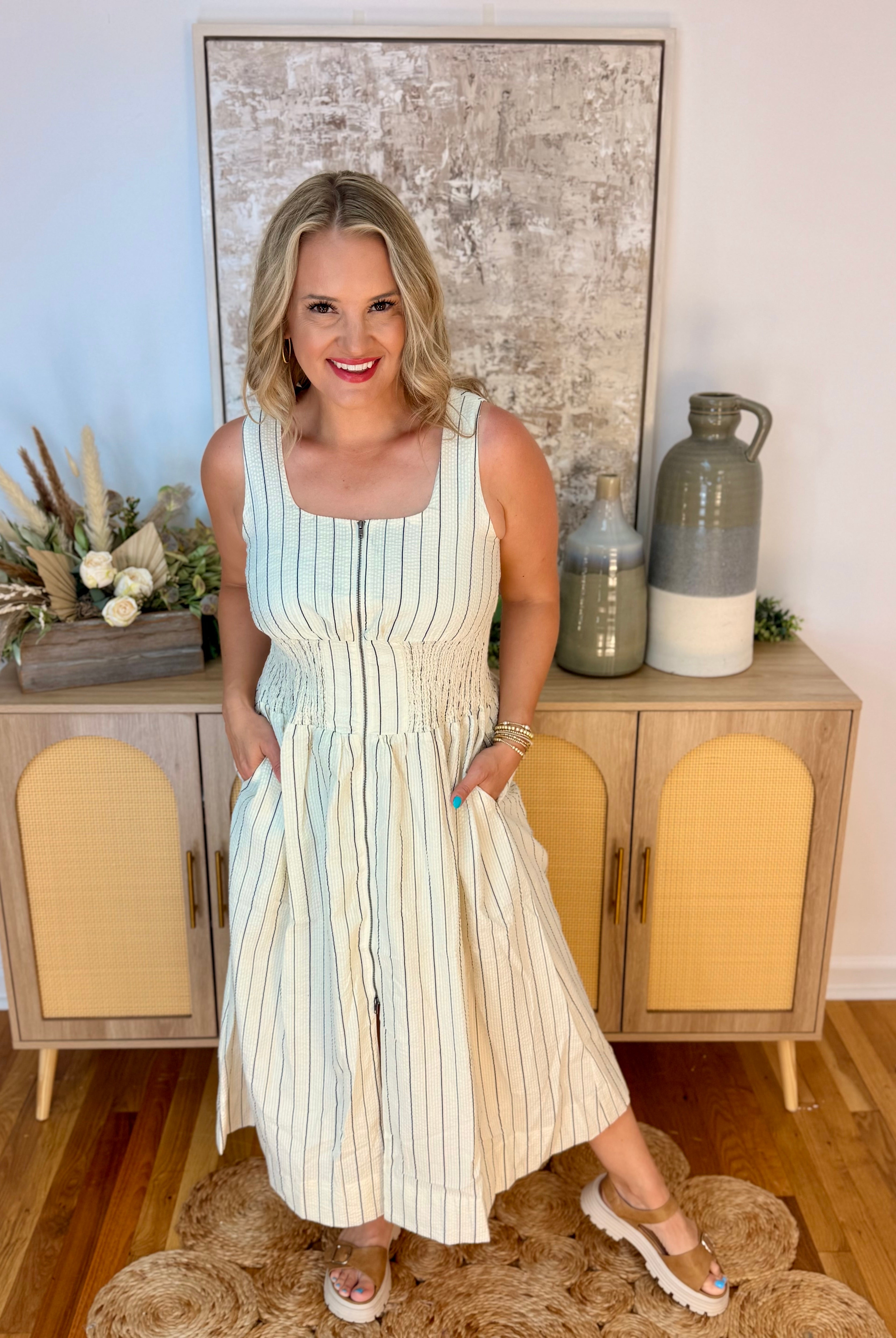 Neutral Zone Zip Front Midi Dress-180 Dresses-Doe and Rae-The Lovely Closet, Women's Fashion Boutique in Alexandria, KY