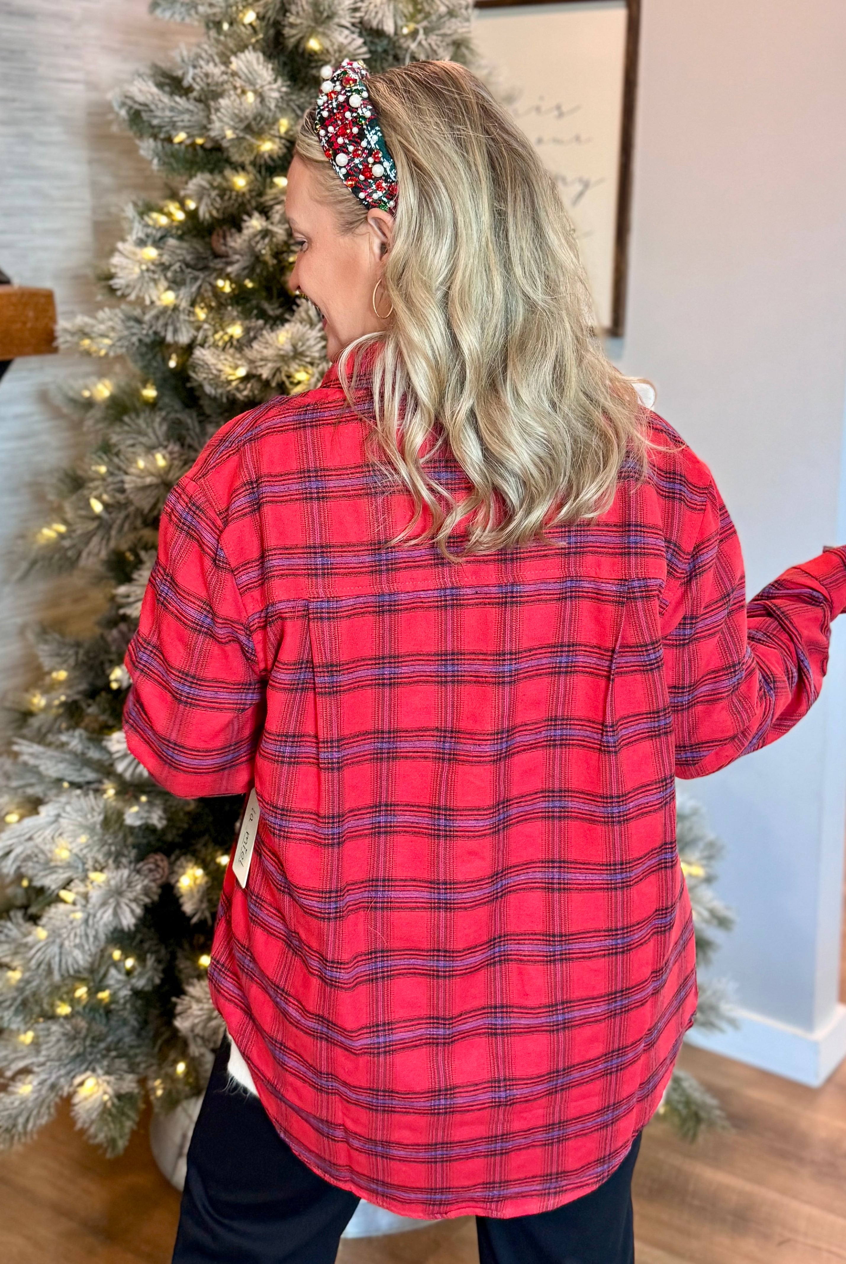 Button Down Plaid Shirt - Red-110 Long Sleeve Top-La Miel-The Lovely Closet, Women's Fashion Boutique in Alexandria, KY