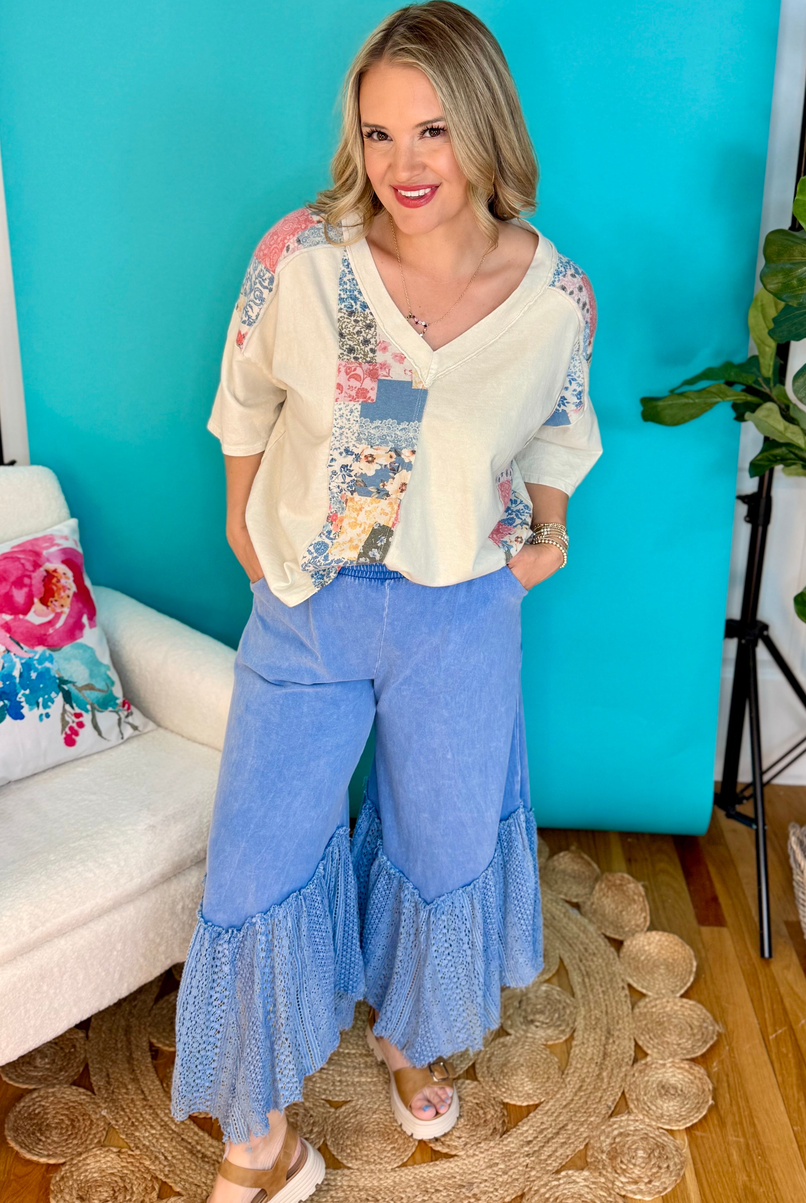 Lace Cropped Pants - Blue-240 Pants-J.Her-The Lovely Closet, Women's Fashion Boutique in Alexandria, KY
