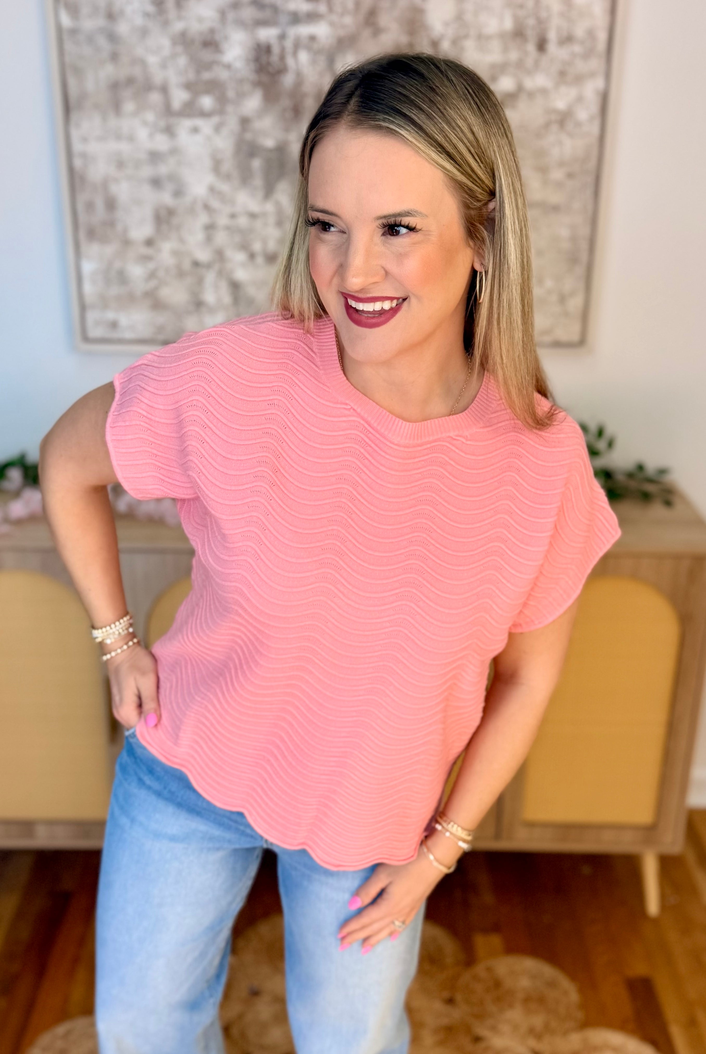 Feeling Refreshed Scalloped Edge Top - Pink-100 Short Sleeve Tops-Allie Rose-The Lovely Closet, Women's Fashion Boutique in Alexandria, KY