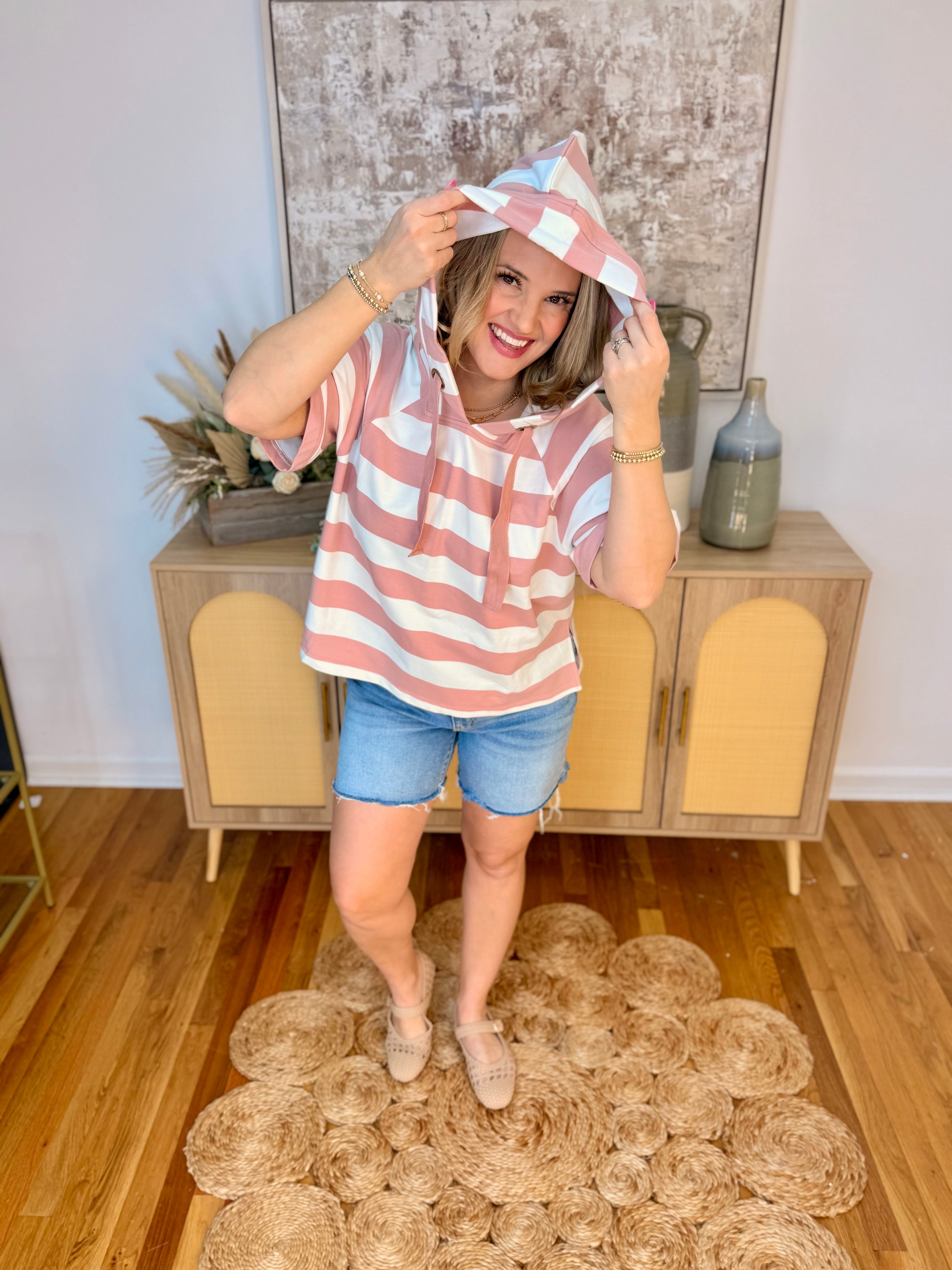 Let it be Spring Striped Hooded Top - Pink-100 Short Sleeve Tops-Doe and Rae-The Lovely Closet, Women's Fashion Boutique in Alexandria, KY