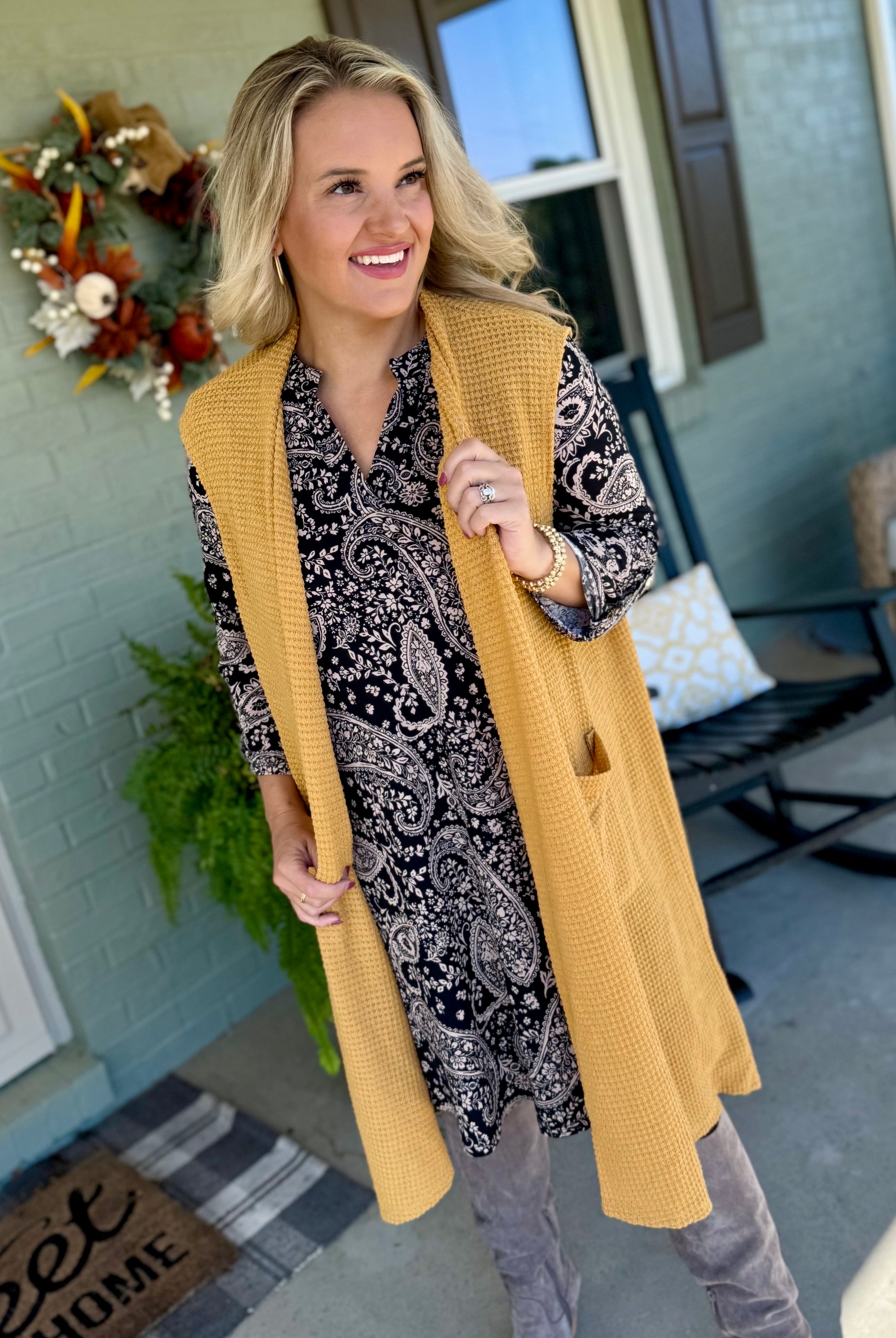 FINAL SALE - Chill in the Air Midi Vest - Marigold-160 Cardigan/Kimonos-Dear Scarlett-The Lovely Closet, Women's Fashion Boutique in Alexandria, KY