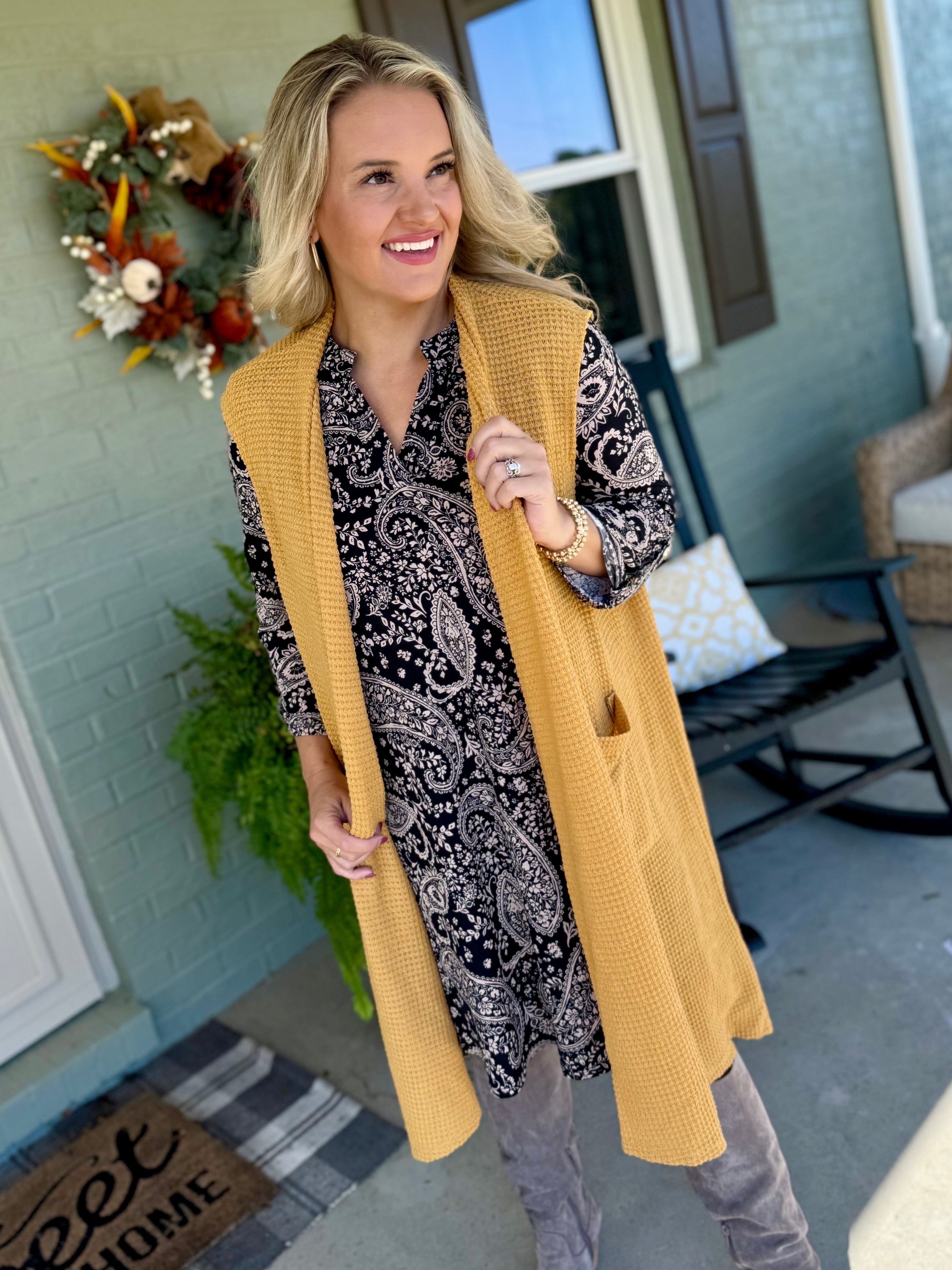 FINAL SALE - Chill in the Air Midi Vest - Marigold-160 Cardigan/Kimonos-Dear Scarlett-The Lovely Closet, Women's Fashion Boutique in Alexandria, KY