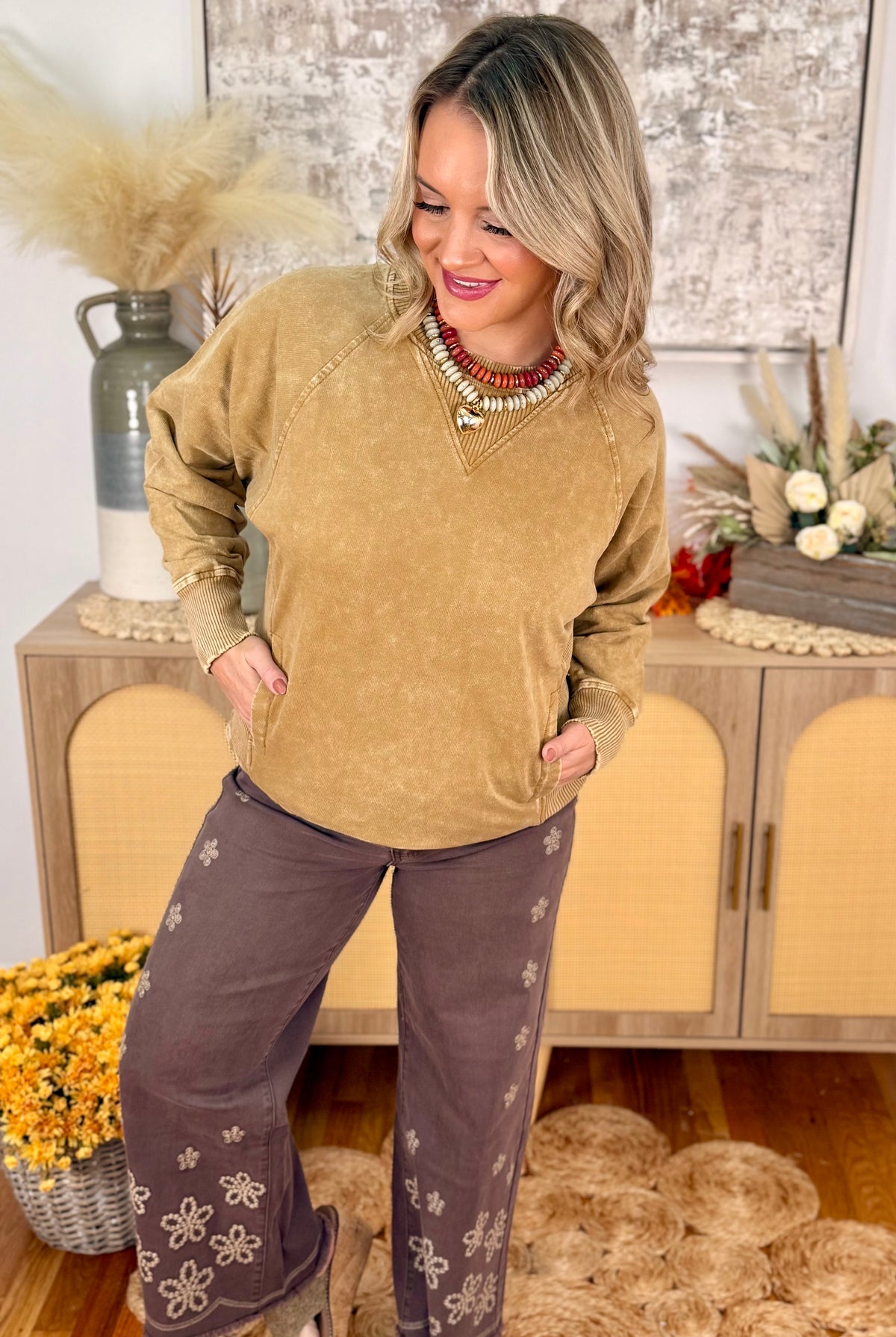 Run Around Acid Wash Pullover - Camel-150 Sweatshirts-The Lovely Closet-The Lovely Closet, Women's Fashion Boutique in Alexandria, KY