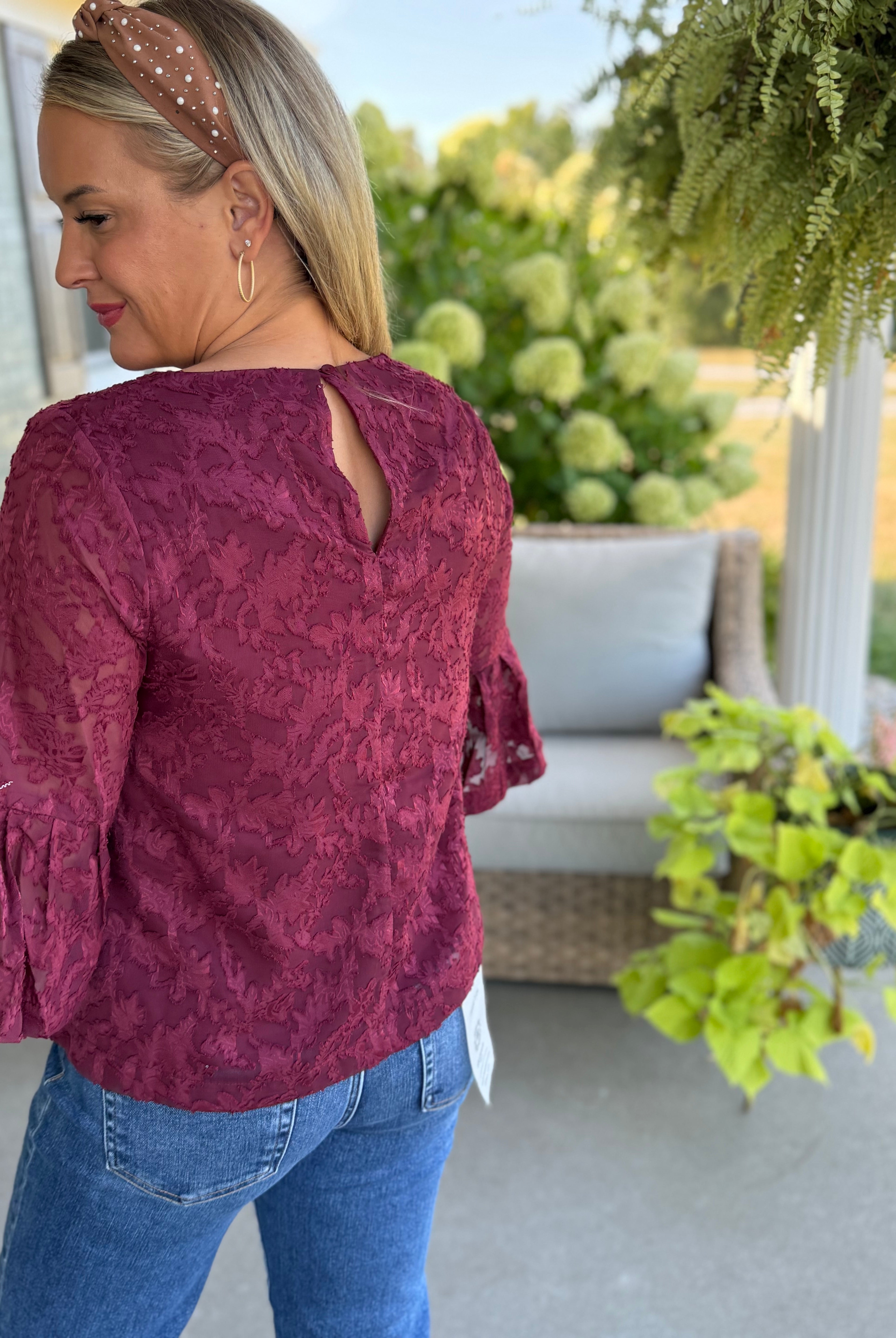 September Stroll Jacquard Bell Sleeve Chiffon Blouse-100 Short Sleeve Tops-Anniewear-The Lovely Closet, Women's Fashion Boutique in Alexandria, KY