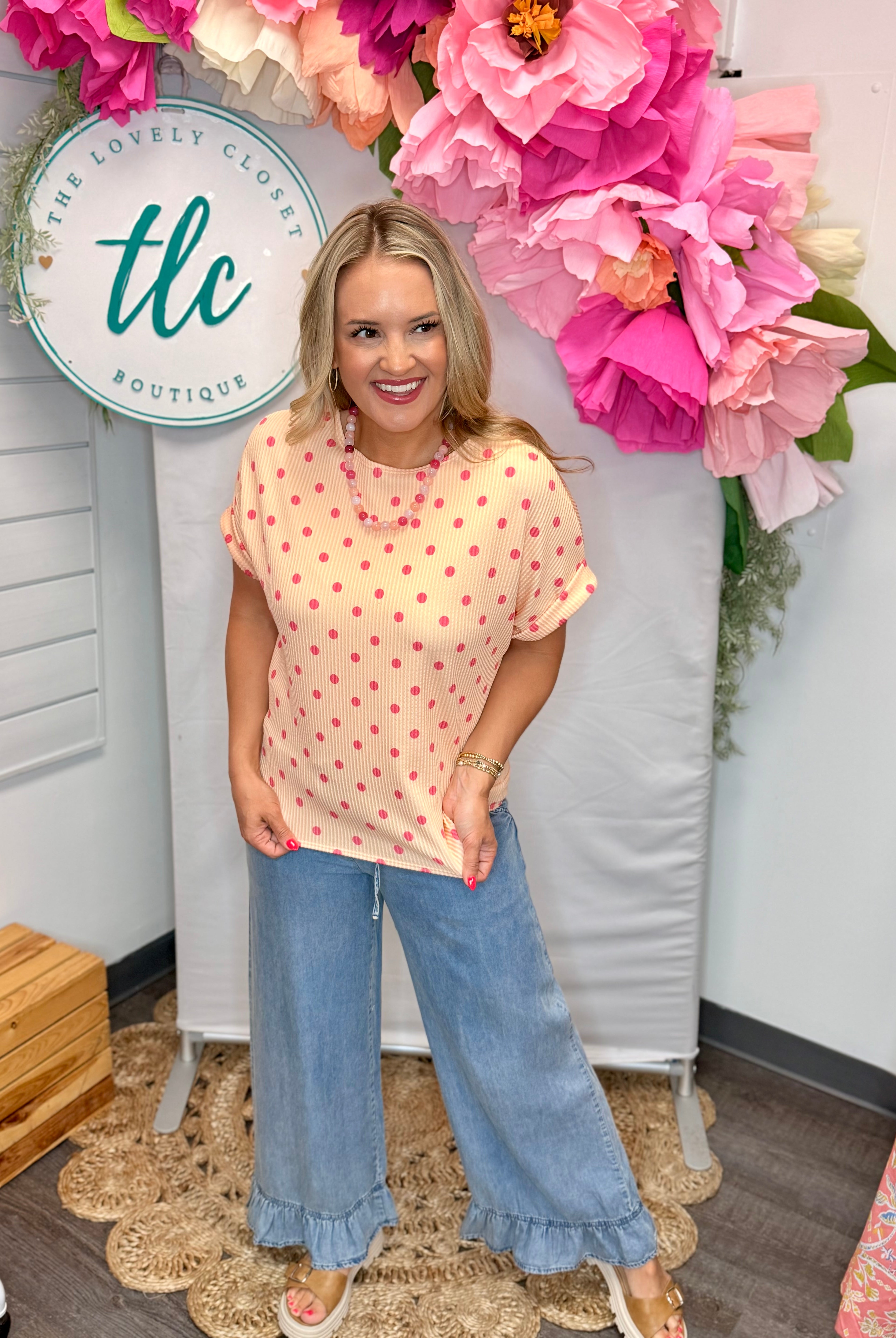 Color Pop Polka Dot Top - Light Coral-100 Short Sleeve Tops-Carole Christian-The Lovely Closet, Women's Fashion Boutique in Alexandria, KY