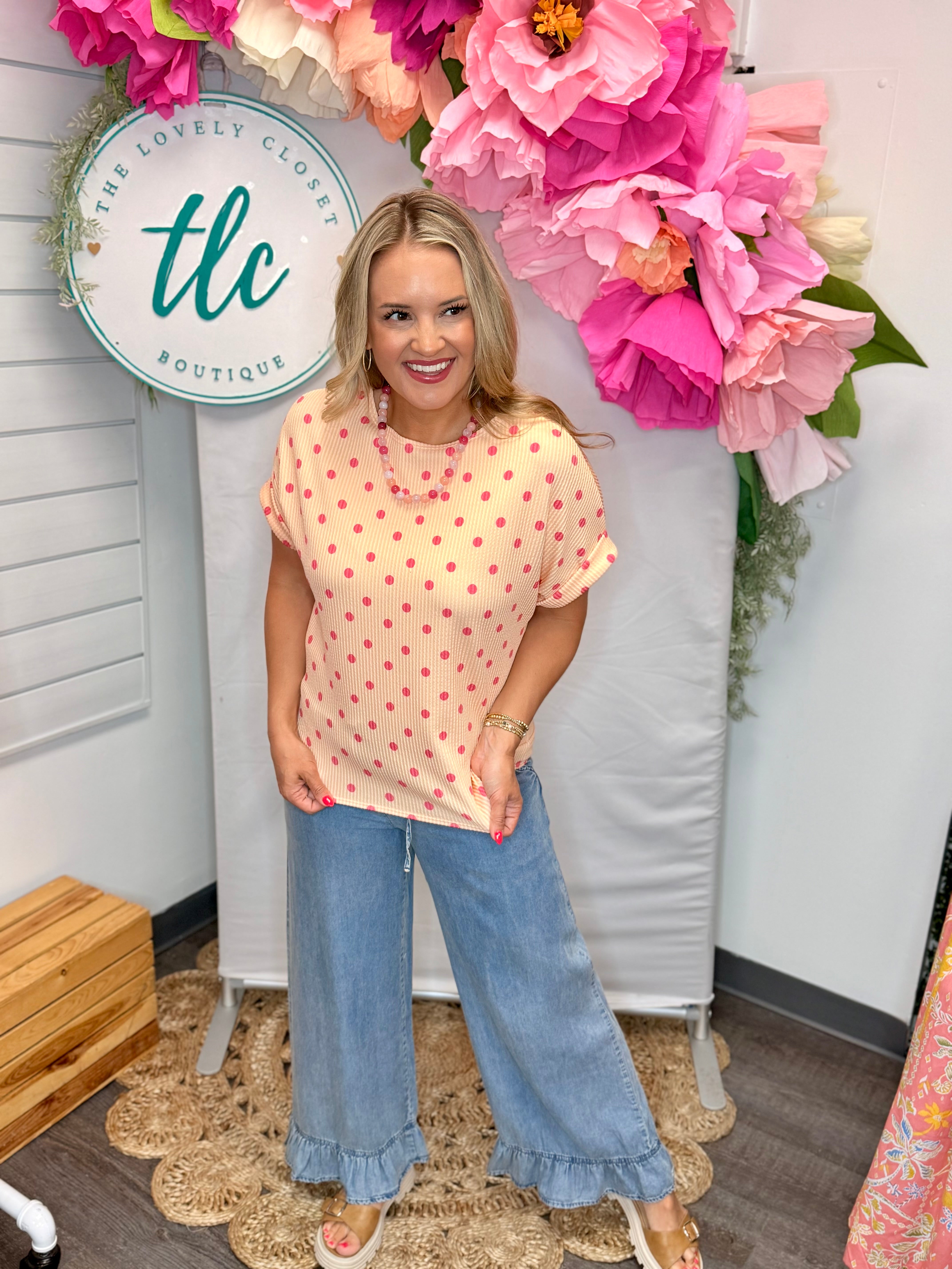 Color Pop Polka Dot Top - Light Coral-100 Short Sleeve Tops-Carole Christian-The Lovely Closet, Women's Fashion Boutique in Alexandria, KY