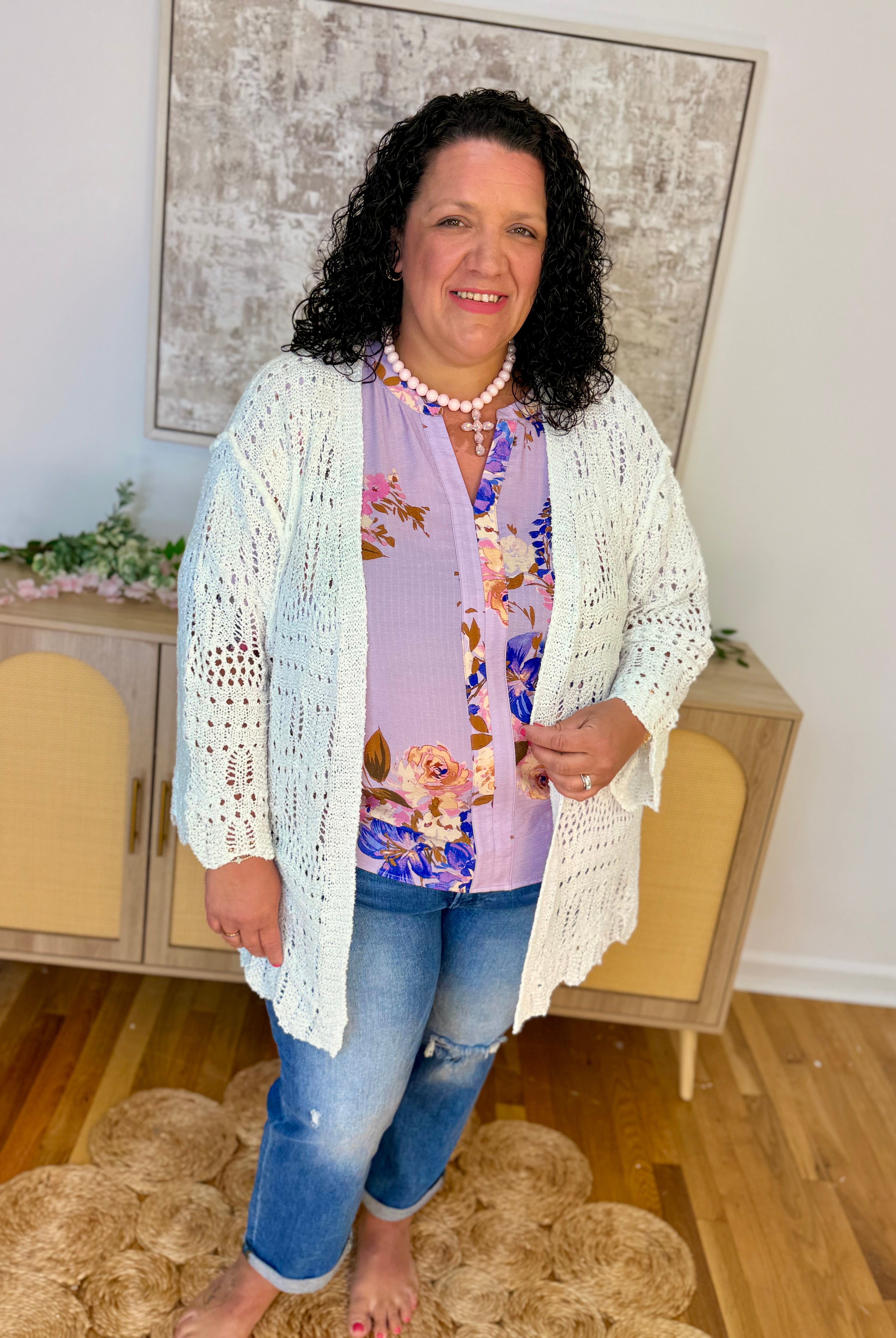 Open Knit Cardigan Sweater - White-160 Cardigan/Kimonos-Pol Clothing-The Lovely Closet, Women's Fashion Boutique in Alexandria, KY
