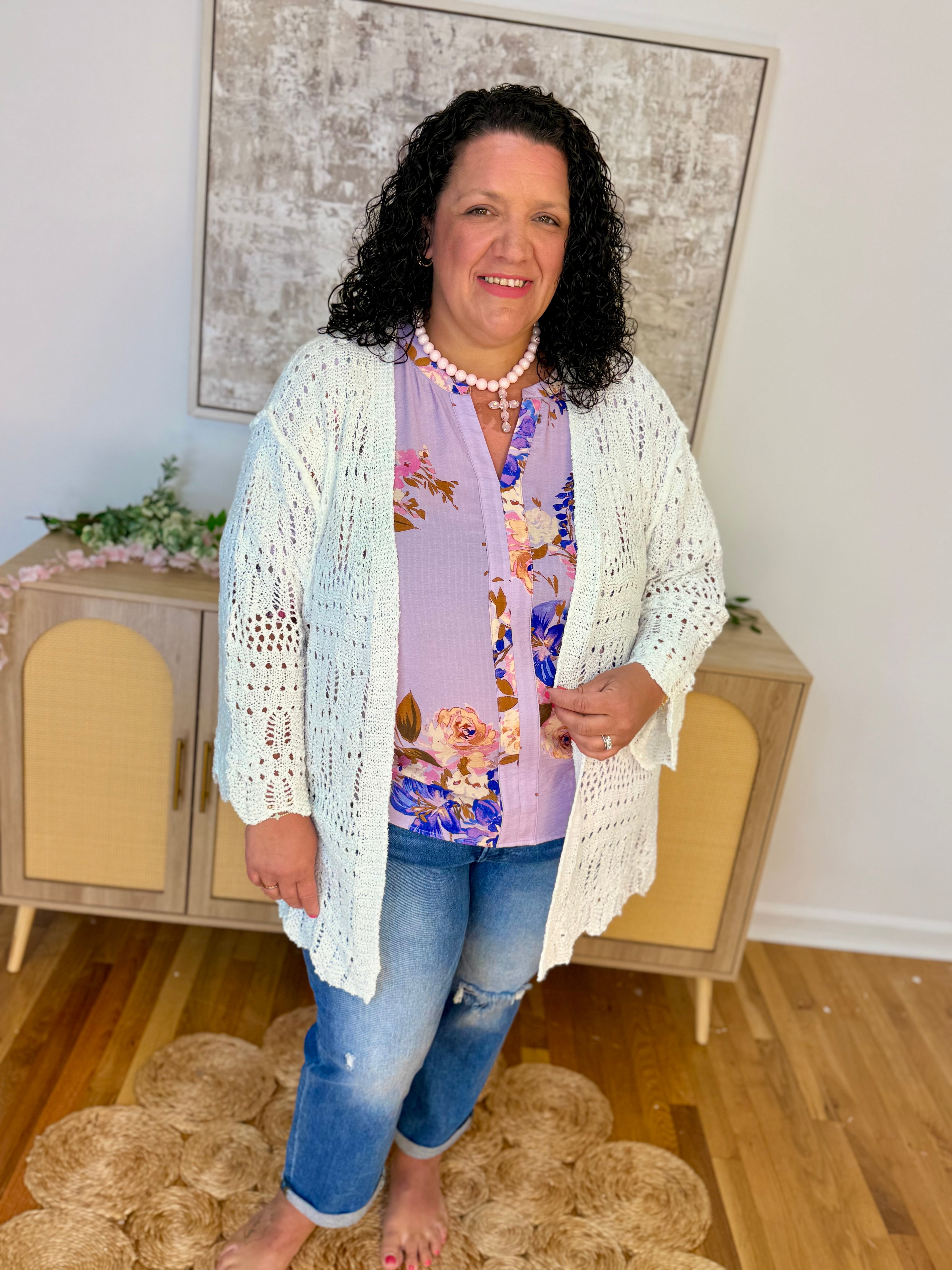 Open Knit Cardigan Sweater - White-160 Cardigan/Kimonos-Pol Clothing-The Lovely Closet, Women's Fashion Boutique in Alexandria, KY