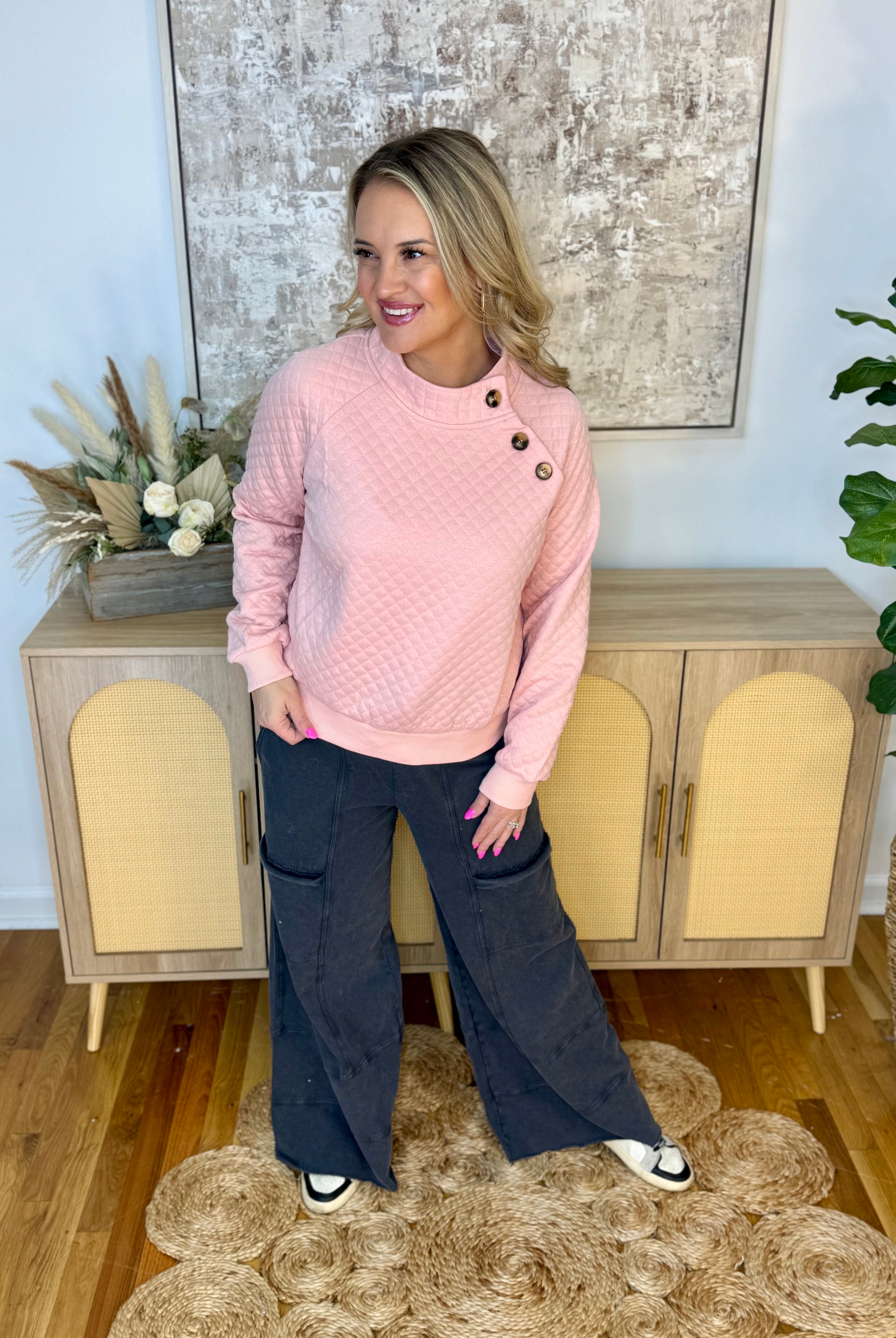 Winter Bliss Quilted Pullover - Blush-150 Sweatshirts-Doe and Rae-The Lovely Closet, Women's Fashion Boutique in Alexandria, KY