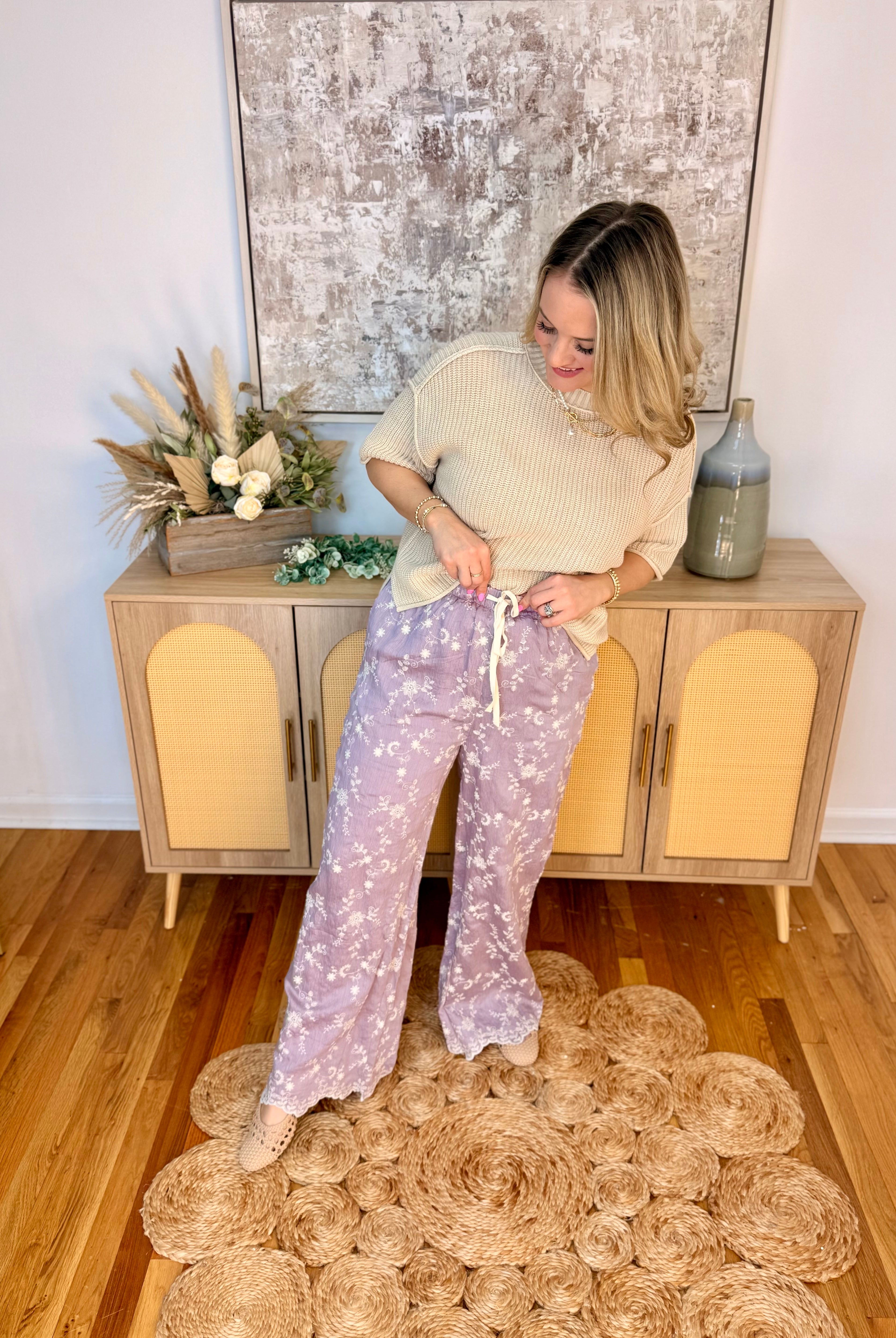 Garden Party Scallop Embroidered Pants-240 Pants-Doe and Rae-The Lovely Closet, Women's Fashion Boutique in Alexandria, KY