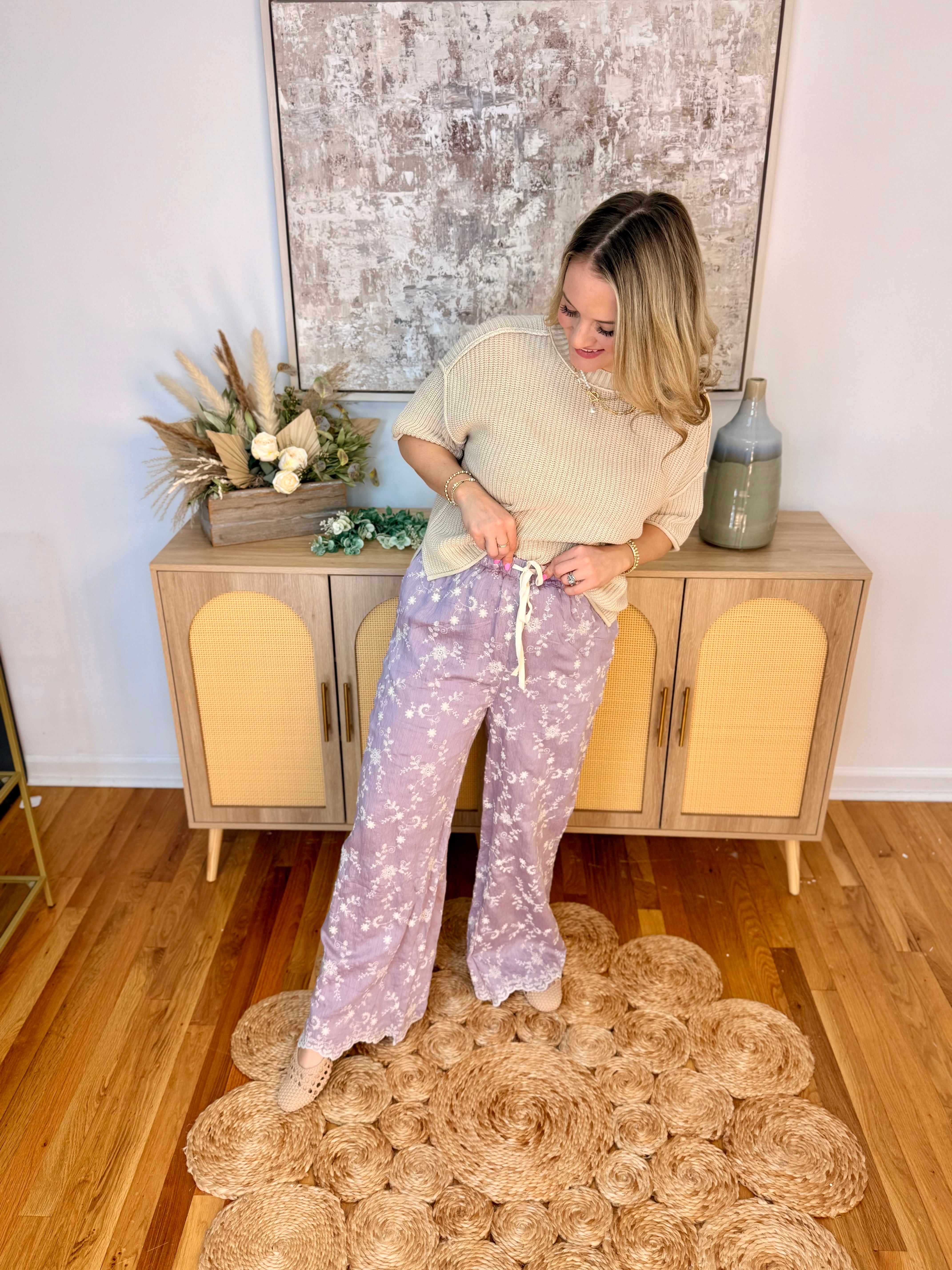 Garden Party Scallop Embroidered Pants-240 Pants-Doe and Rae-The Lovely Closet, Women's Fashion Boutique in Alexandria, KY