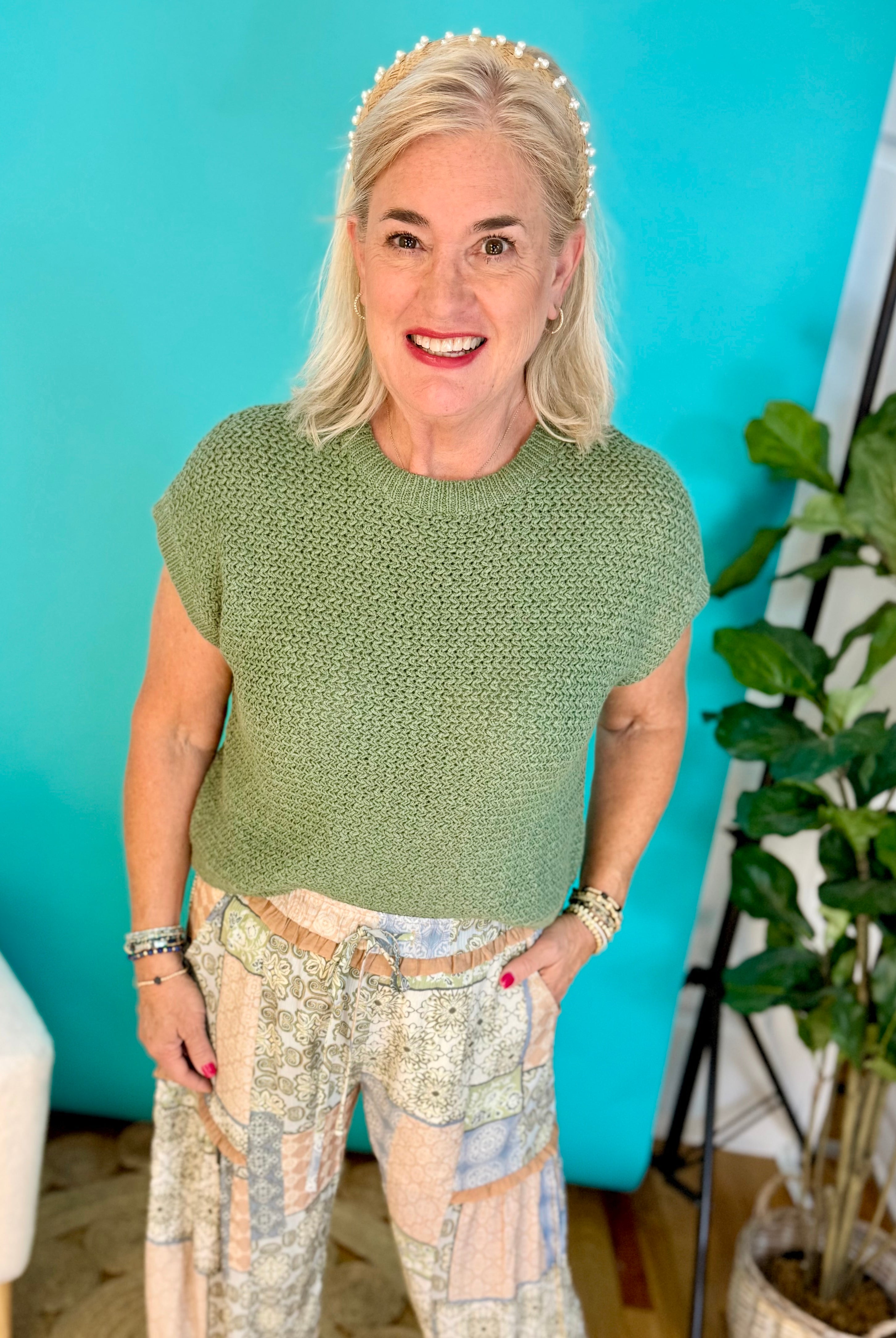 Cap Sleeve Knit Top - Sage-120 Sleeveless Tops-eesome-The Lovely Closet, Women's Fashion Boutique in Alexandria, KY