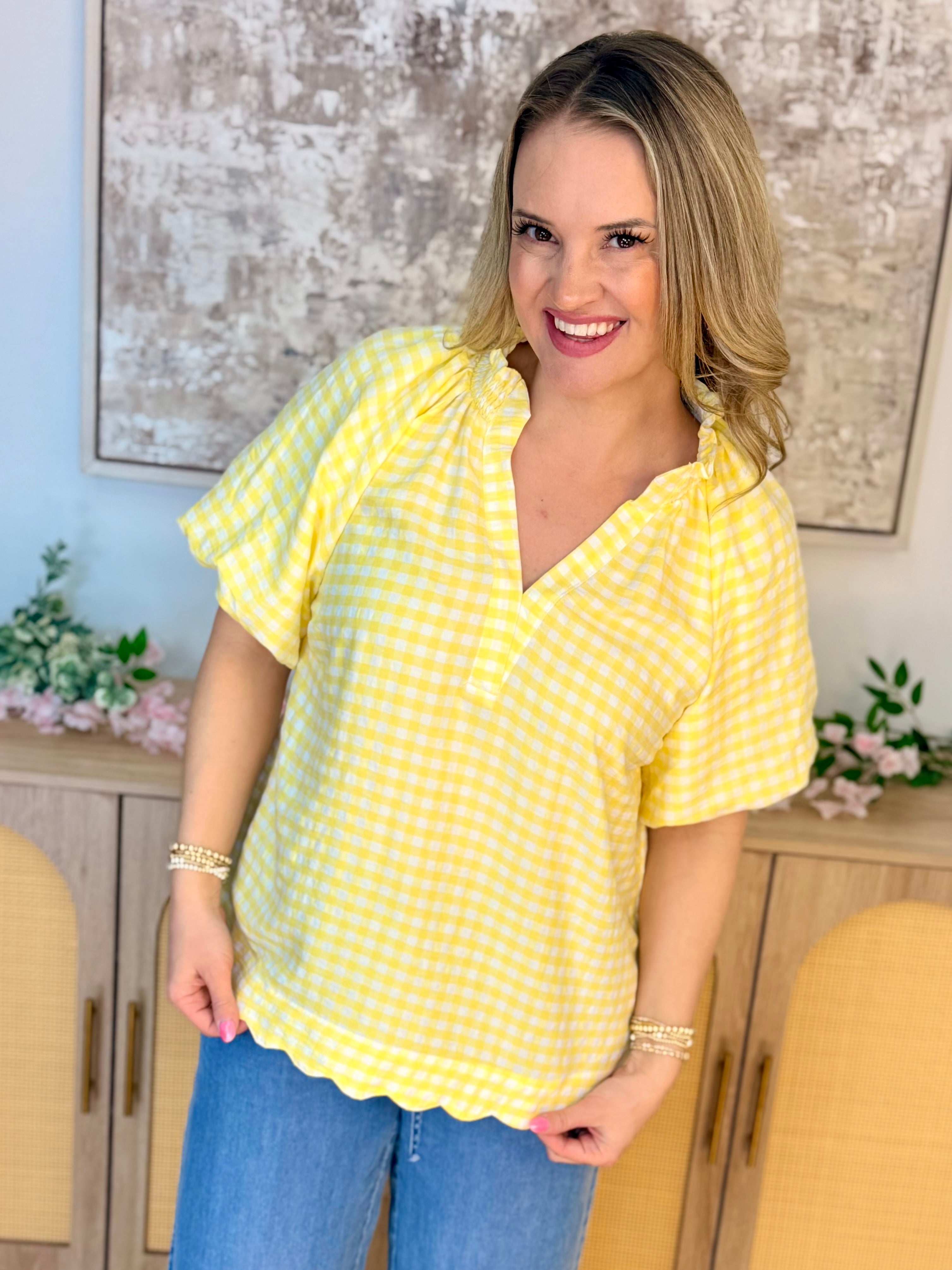 Sunshine & Gingham Blouse-100 Short Sleeve Tops-umgee-The Lovely Closet, Women's Fashion Boutique in Alexandria, KY