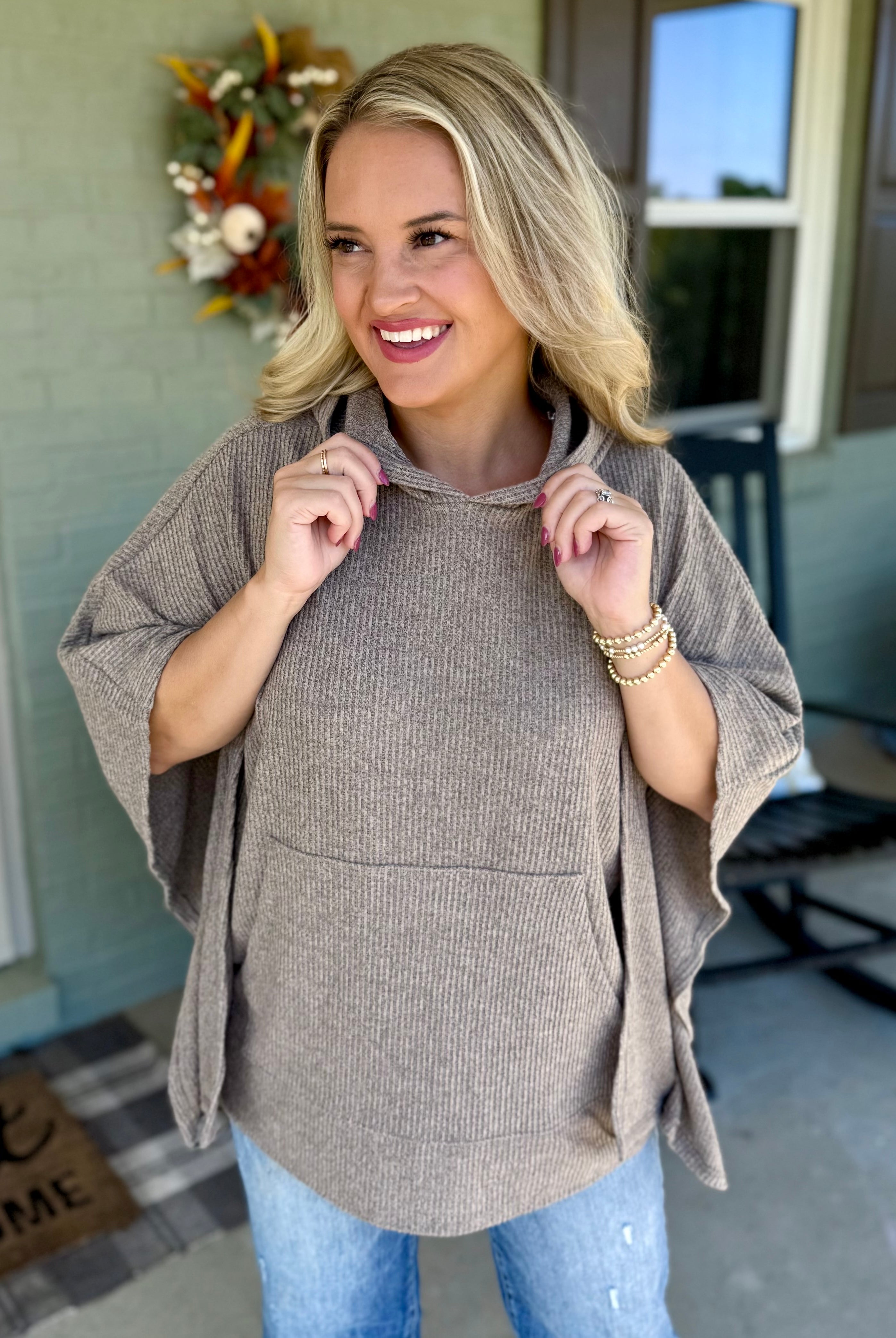 FINAL SALE - Ribbed Knit Poncho Top - Stone-170 Jackets/Outerwear-Dear Scarlett-The Lovely Closet, Women's Fashion Boutique in Alexandria, KY
