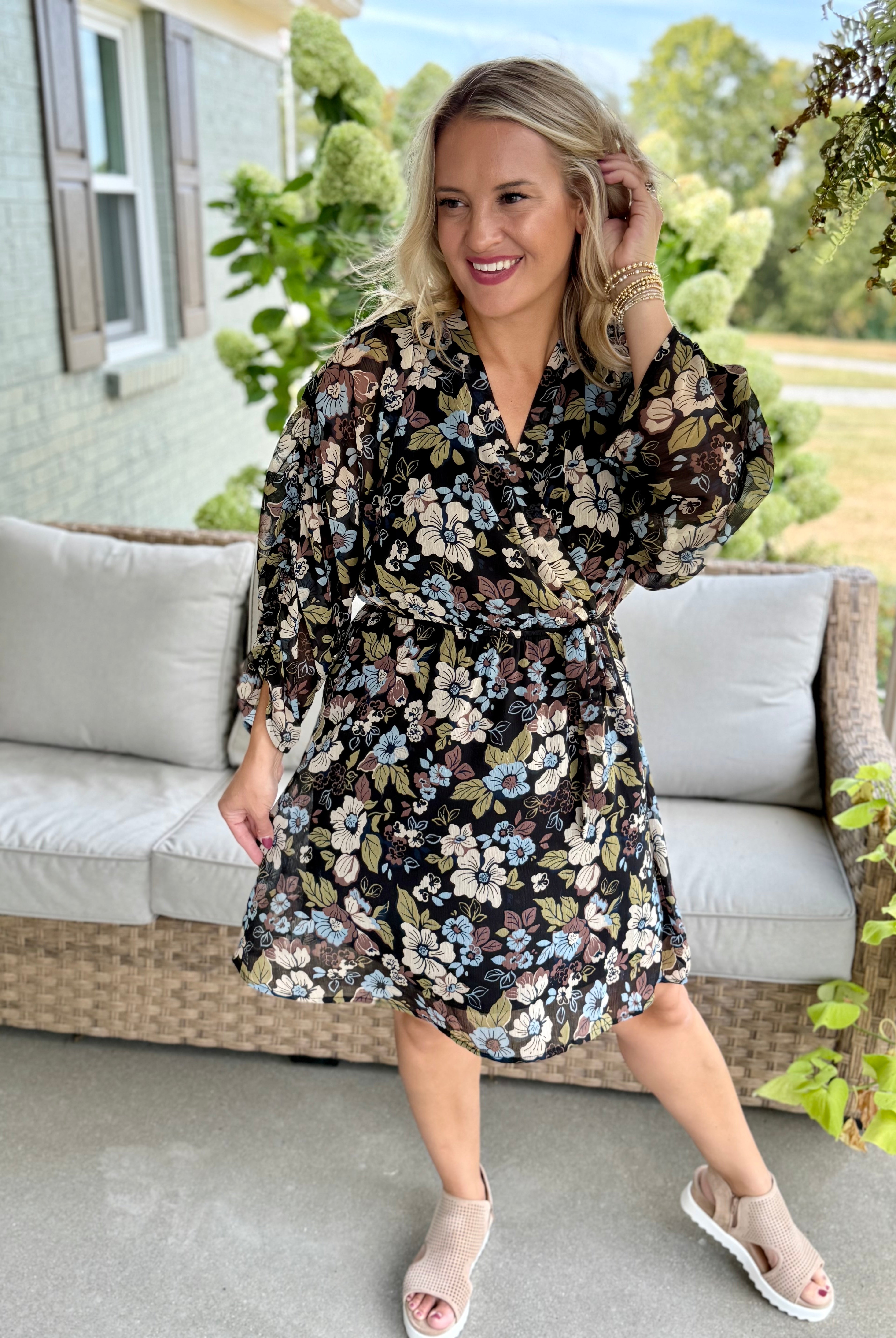 Meadow Flowers V-Neck Dress-180 Dresses-GILLI-The Lovely Closet, Women's Fashion Boutique in Alexandria, KY