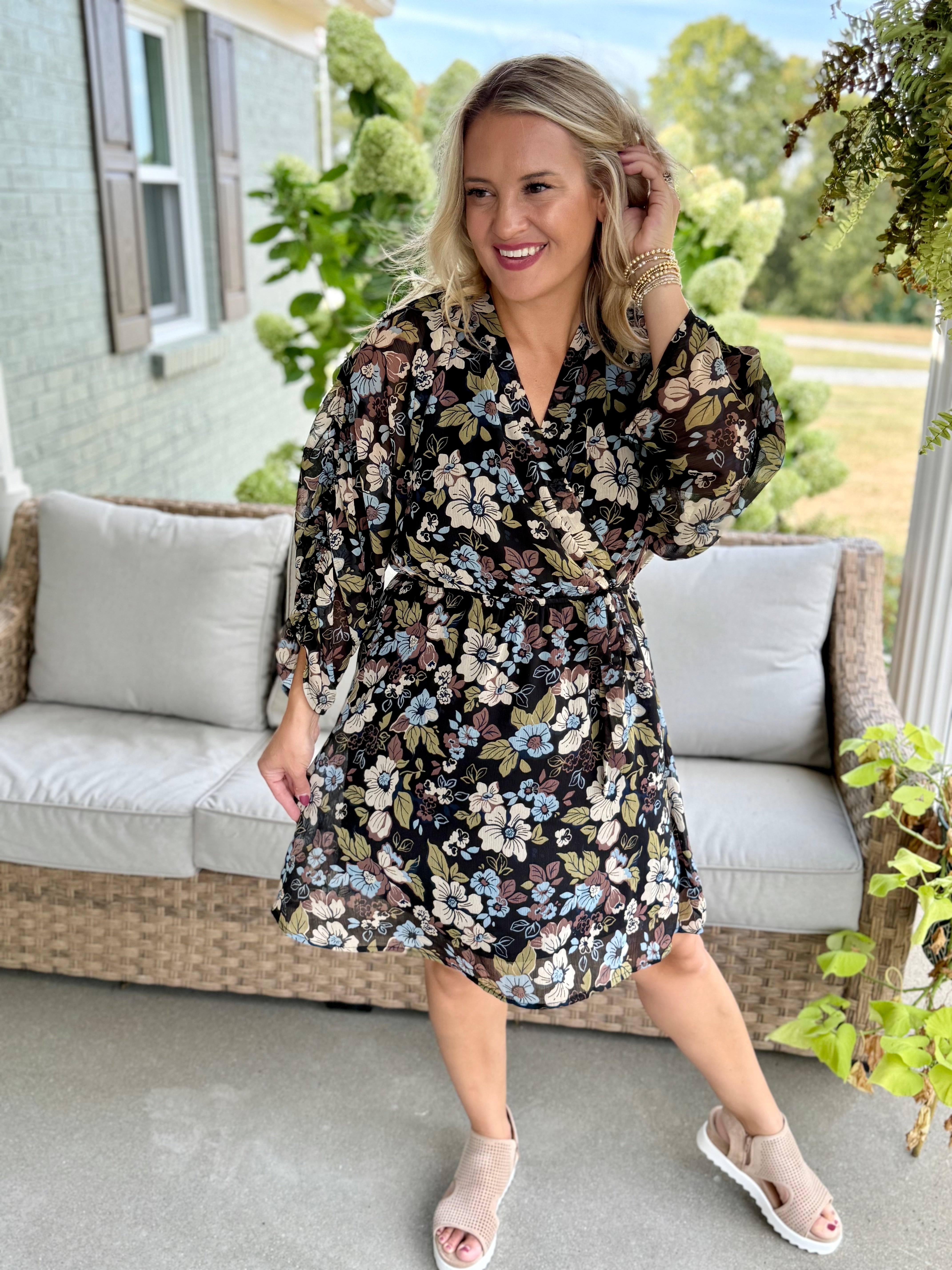 Meadow Flowers V-Neck Dress-180 Dresses-GILLI-The Lovely Closet, Women's Fashion Boutique in Alexandria, KY