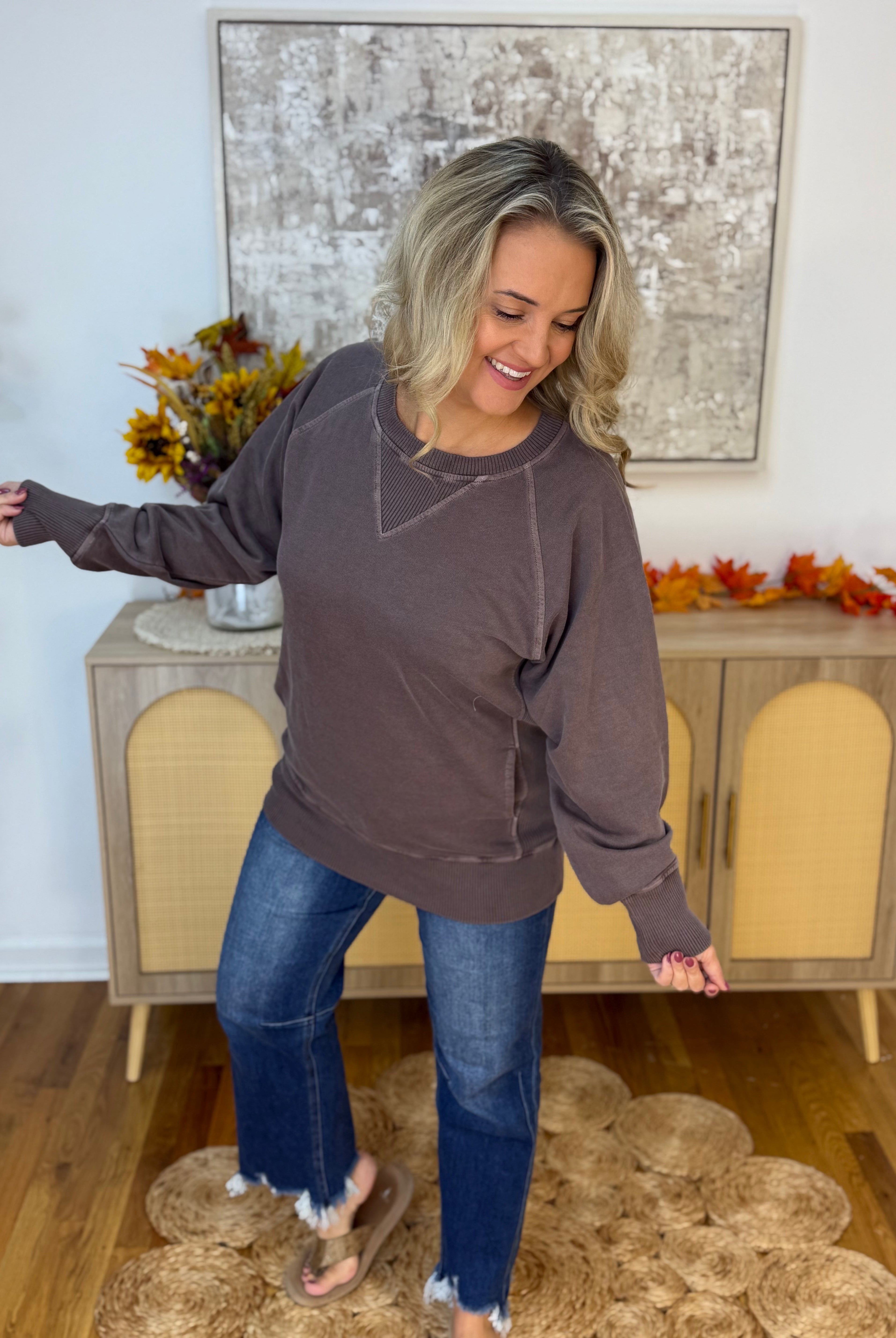 Keeping it Casual Pullover 2025 - Brown-150 Sweatshirts-zenana-The Lovely Closet, Women's Fashion Boutique in Alexandria, KY